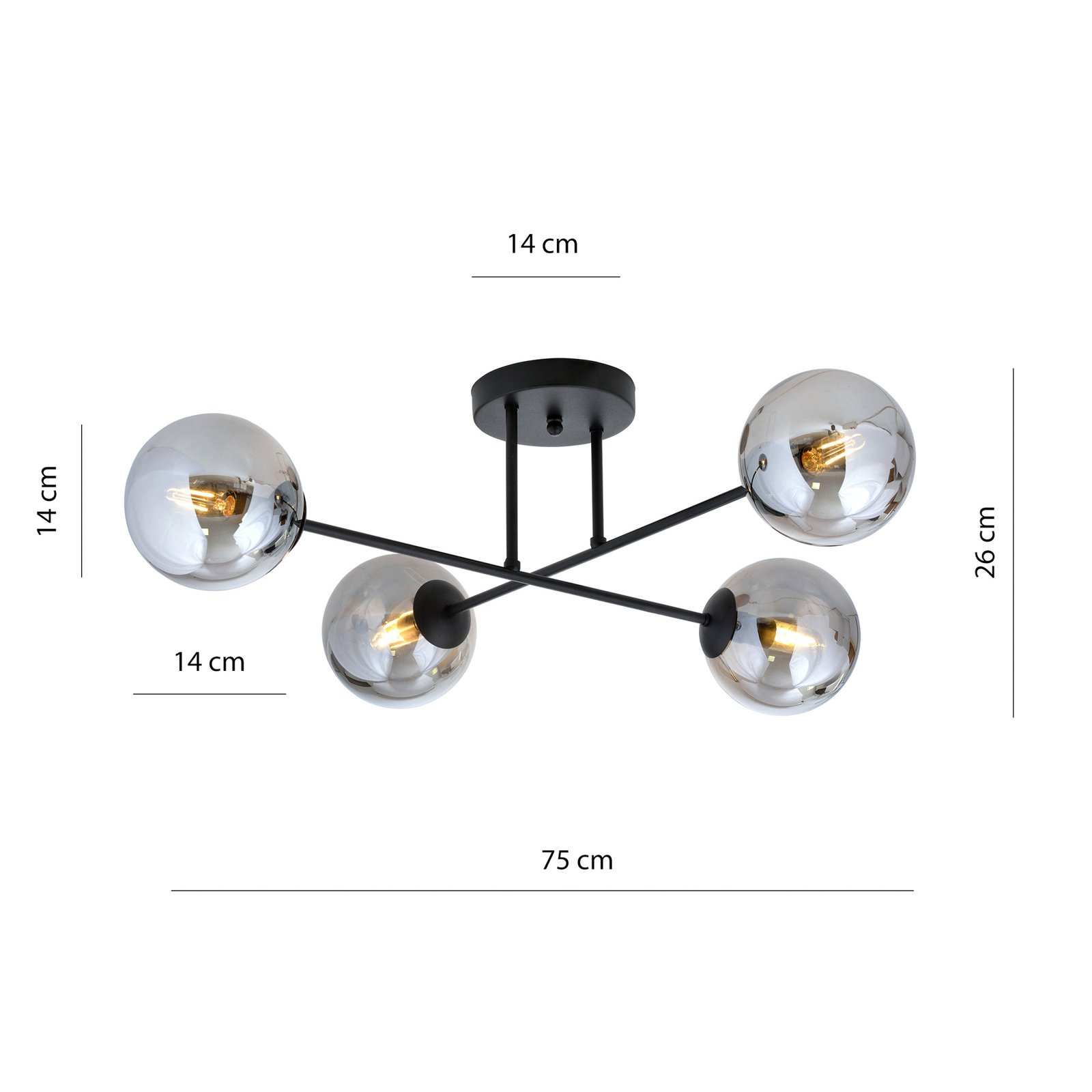 Glassy plafondlamp, 4-lamps gekruist zwart/grafiet