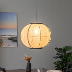 Závesné svietidlo Lindby Aurinil, farba dreva, ľan, Ø 48 cm, E27