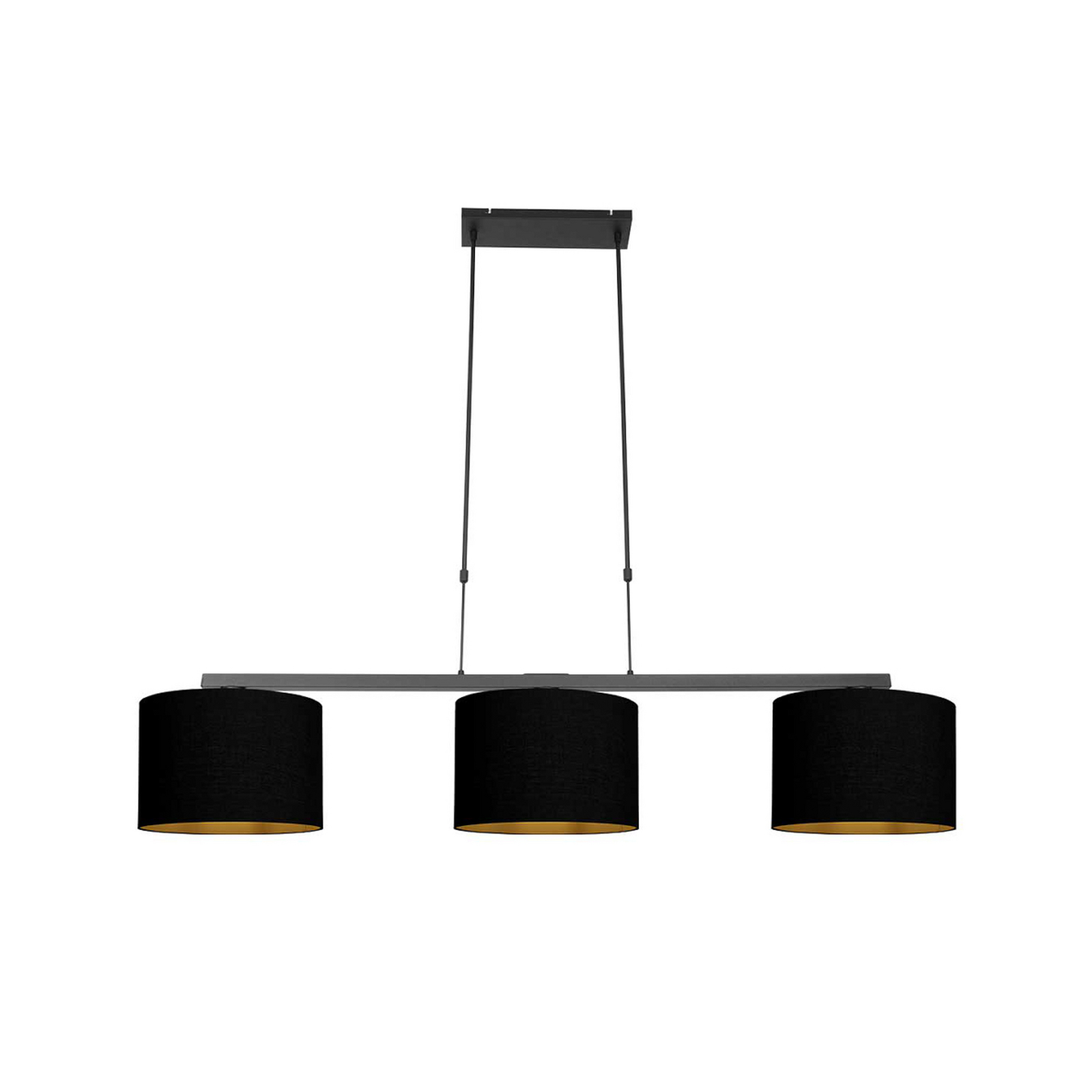 Lampada a sospensione Stang, nero/nero-oro, lunghezza 140 cm, a 3 luci.