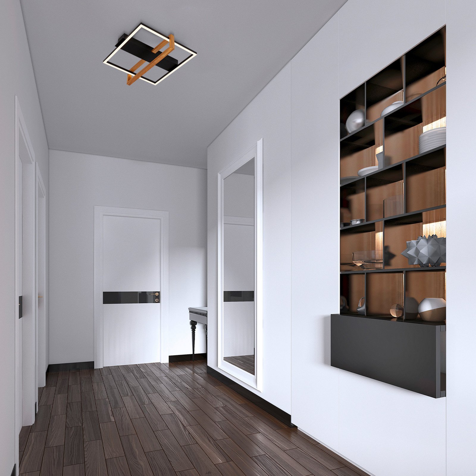 Briloner Plafonieră LED 3775015 pătrat 1 bec cu lemn - Camera de zi / sufragerie - modern - negru - Metal