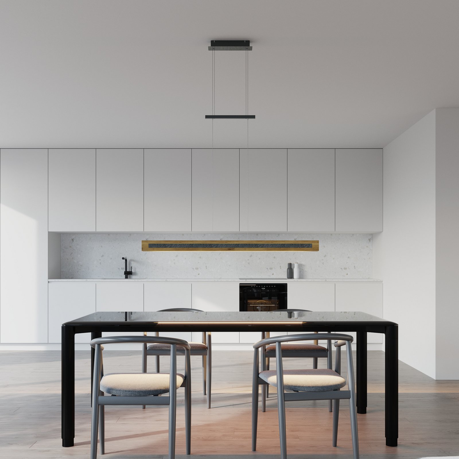 Candeeiro suspenso LED Chile S, carvalho/granito, comprimento 116 cm