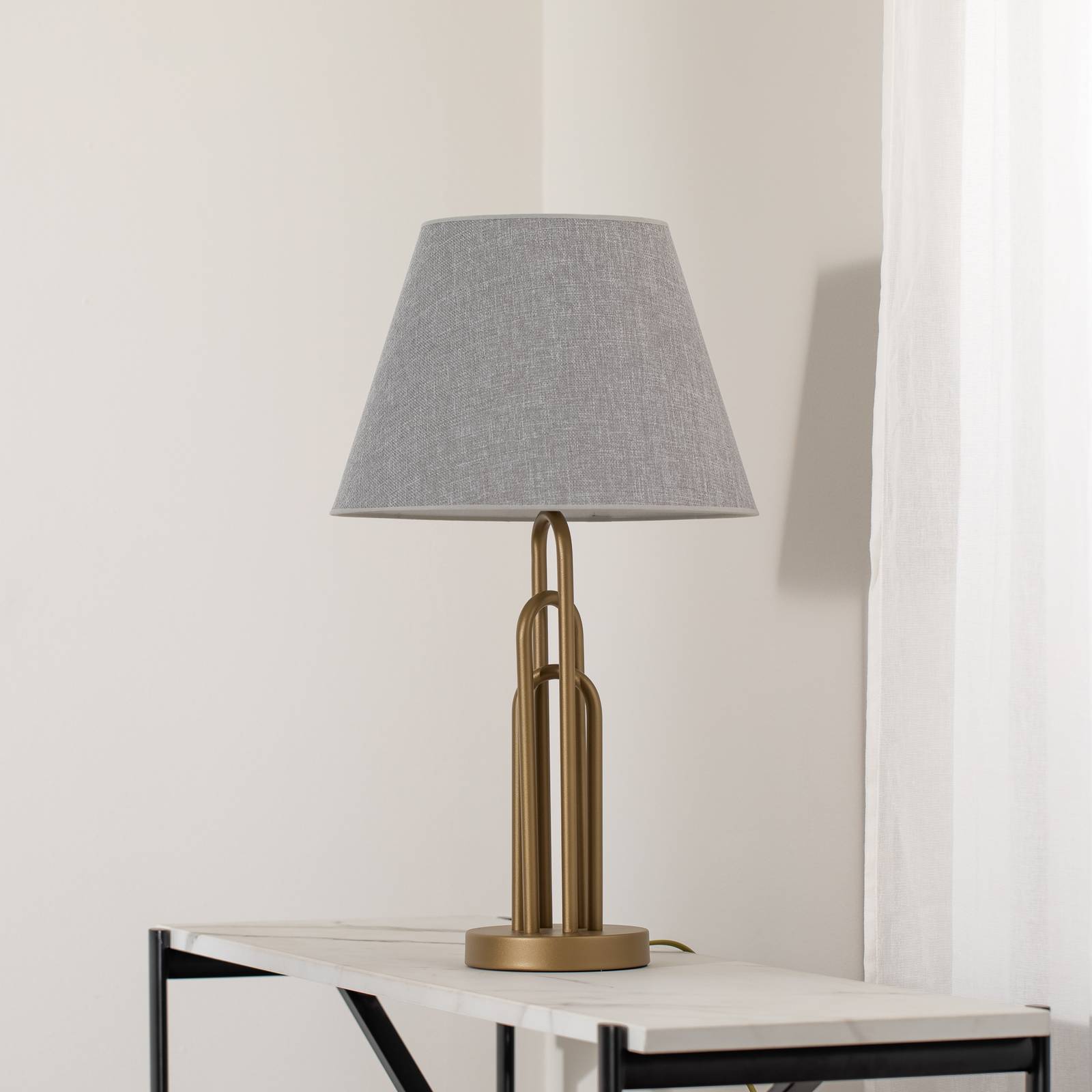 Lampa stołowa Lazar, szaro-złota antyczna, wysokość 65 cm, tekstylia/metal