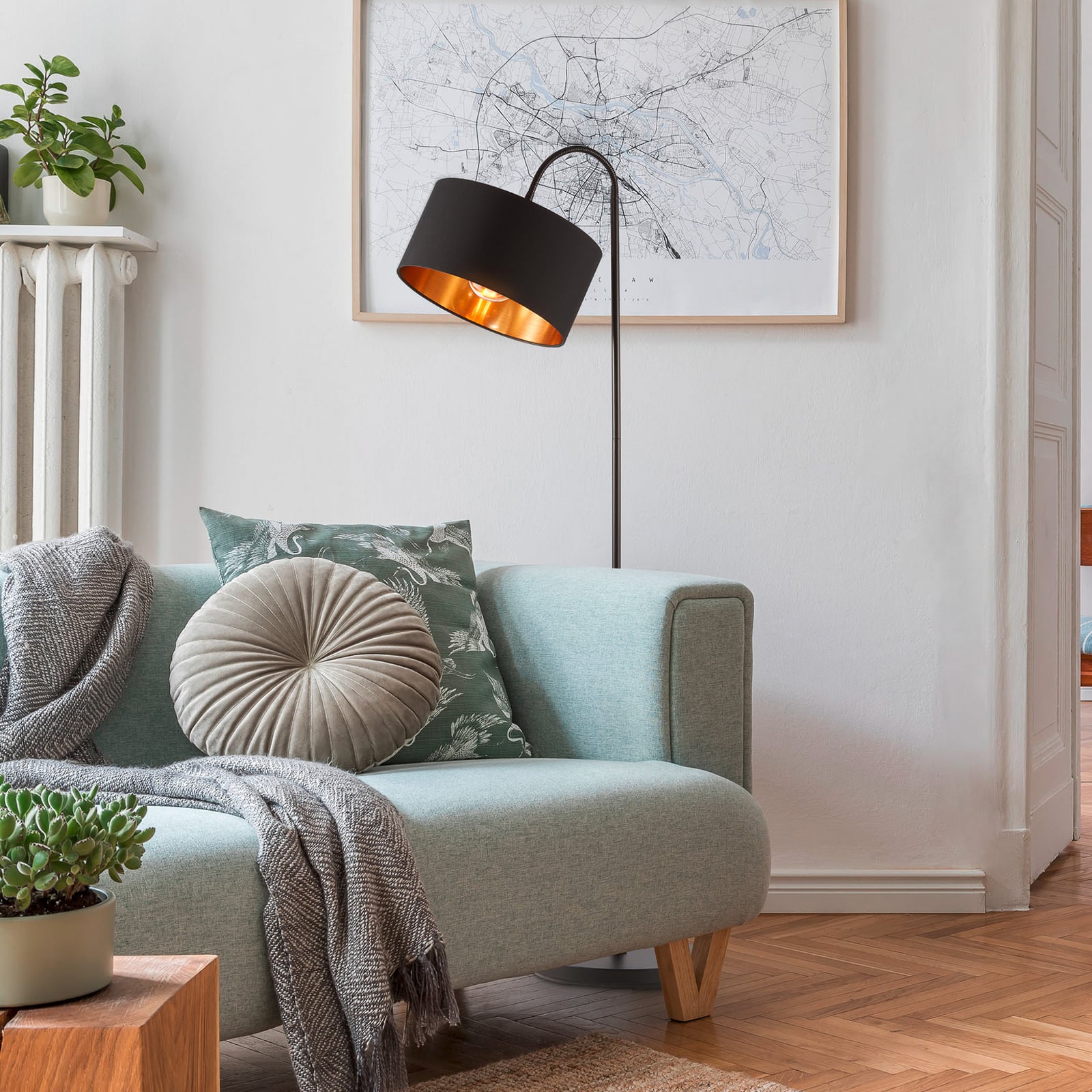 Lampadar Kari, curbat, negru/auriu, textil, E27