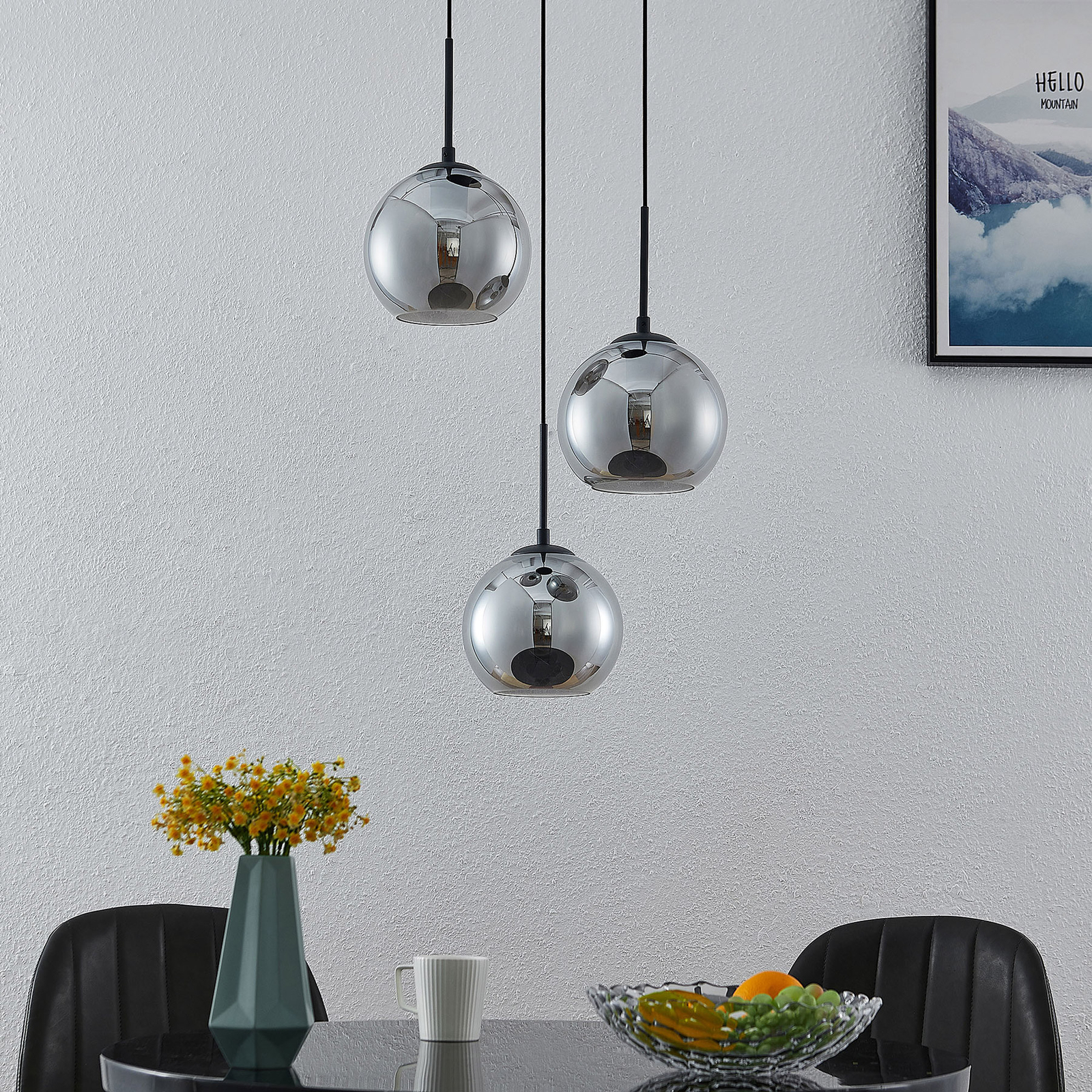 Lindby Jurian hanglamp rookglas zwart 3-lamps