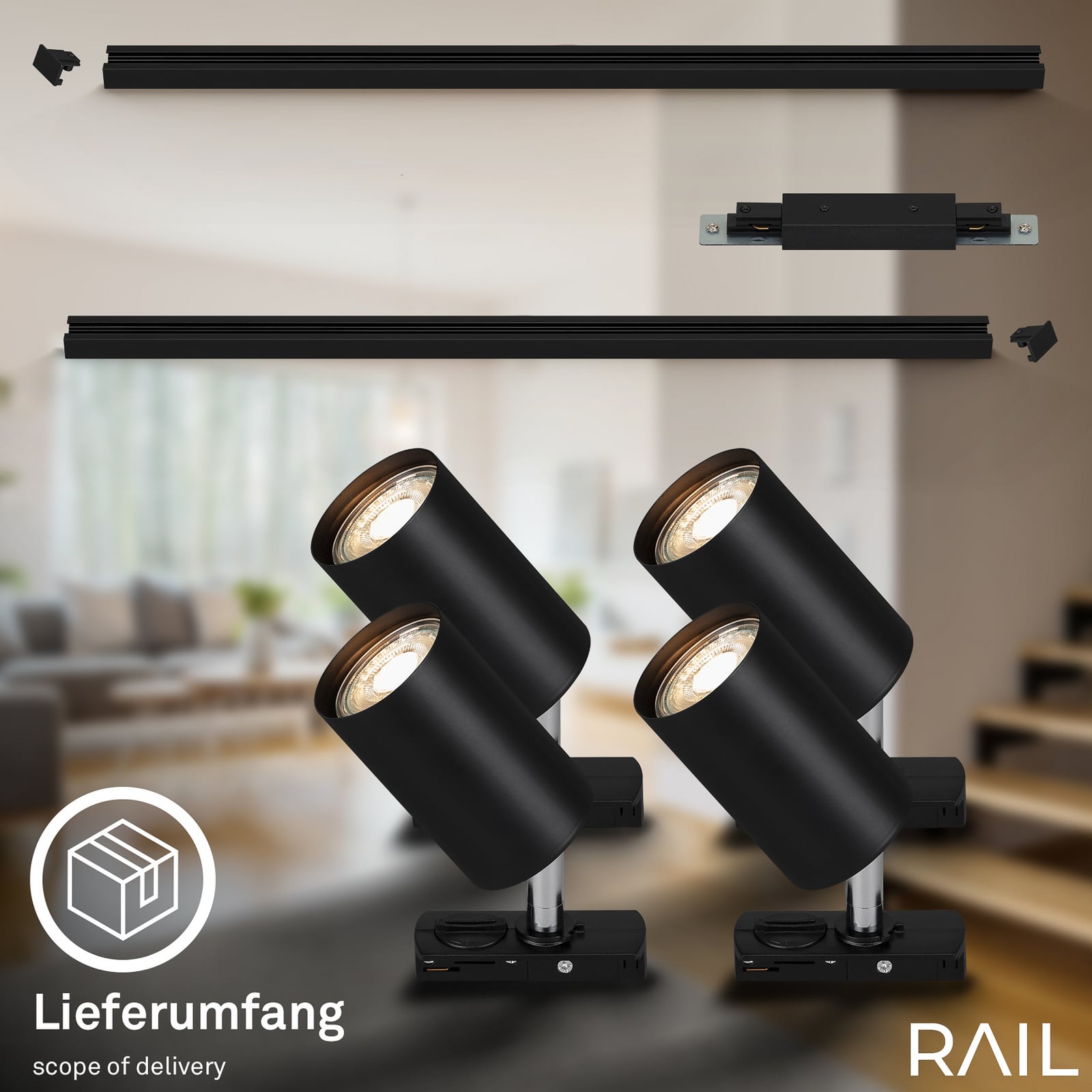 Conjunto inicial de sistema de calhas, preto, comprimento 150 cm, 4 x GU10