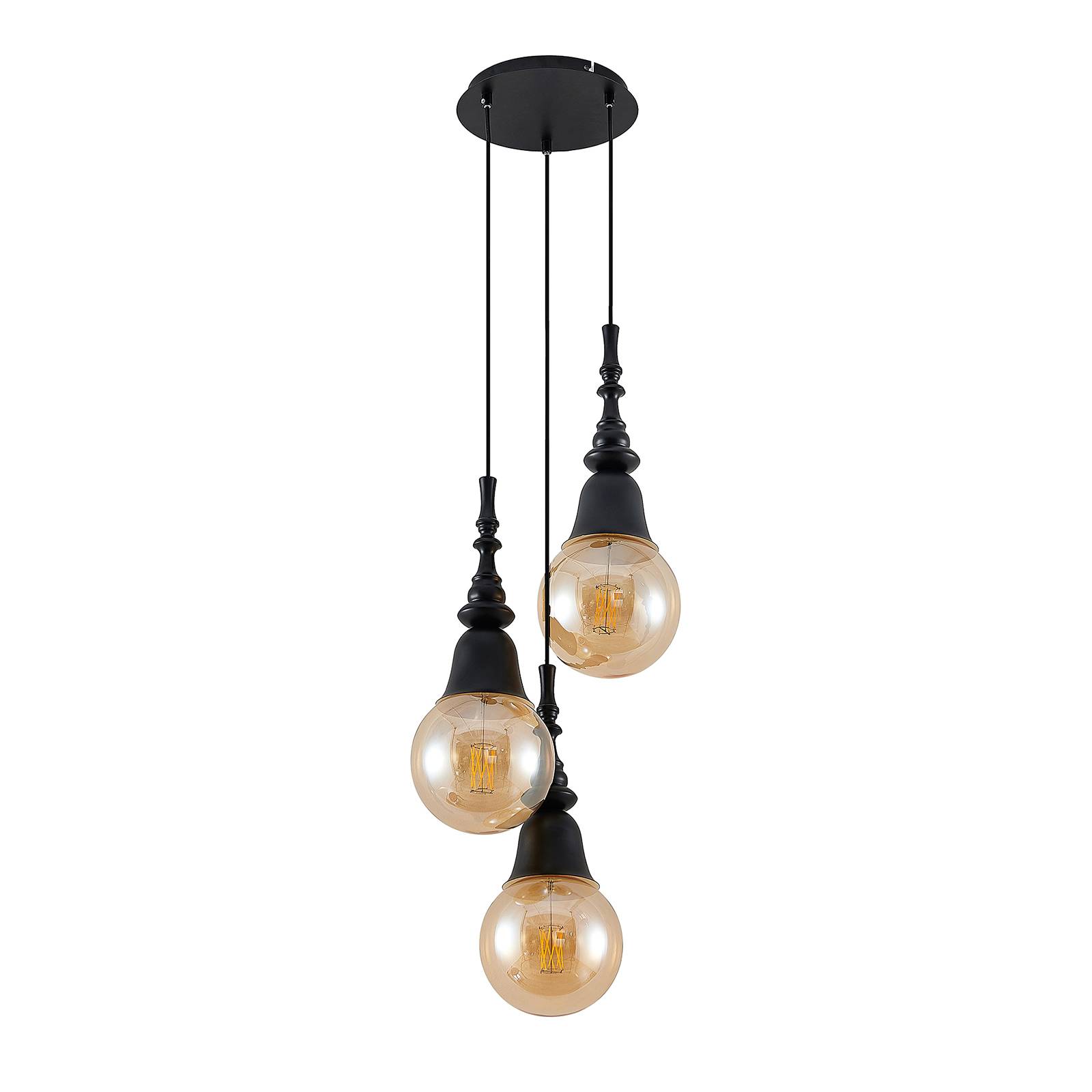 Lucande Gesja pendant lamp, 3-bulb, round, black, for Living / Dining Room, iron, E27, 15 W