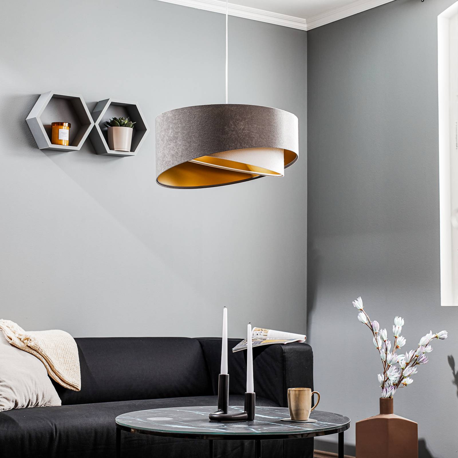 Lampa wisząca Vivien, trójkolorowa, szara/biała/złota