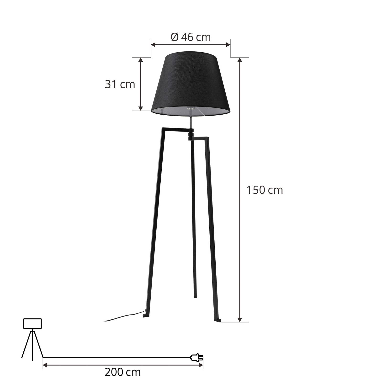 Lucande lampa stojąca Amona, czarny, tekstylny, 150 cm, statyw