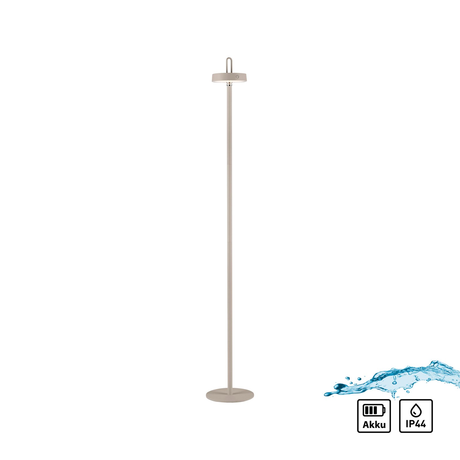 JUST LIGHT. Amag lámpara de pie LED recargable, hierro gris-beige IP44