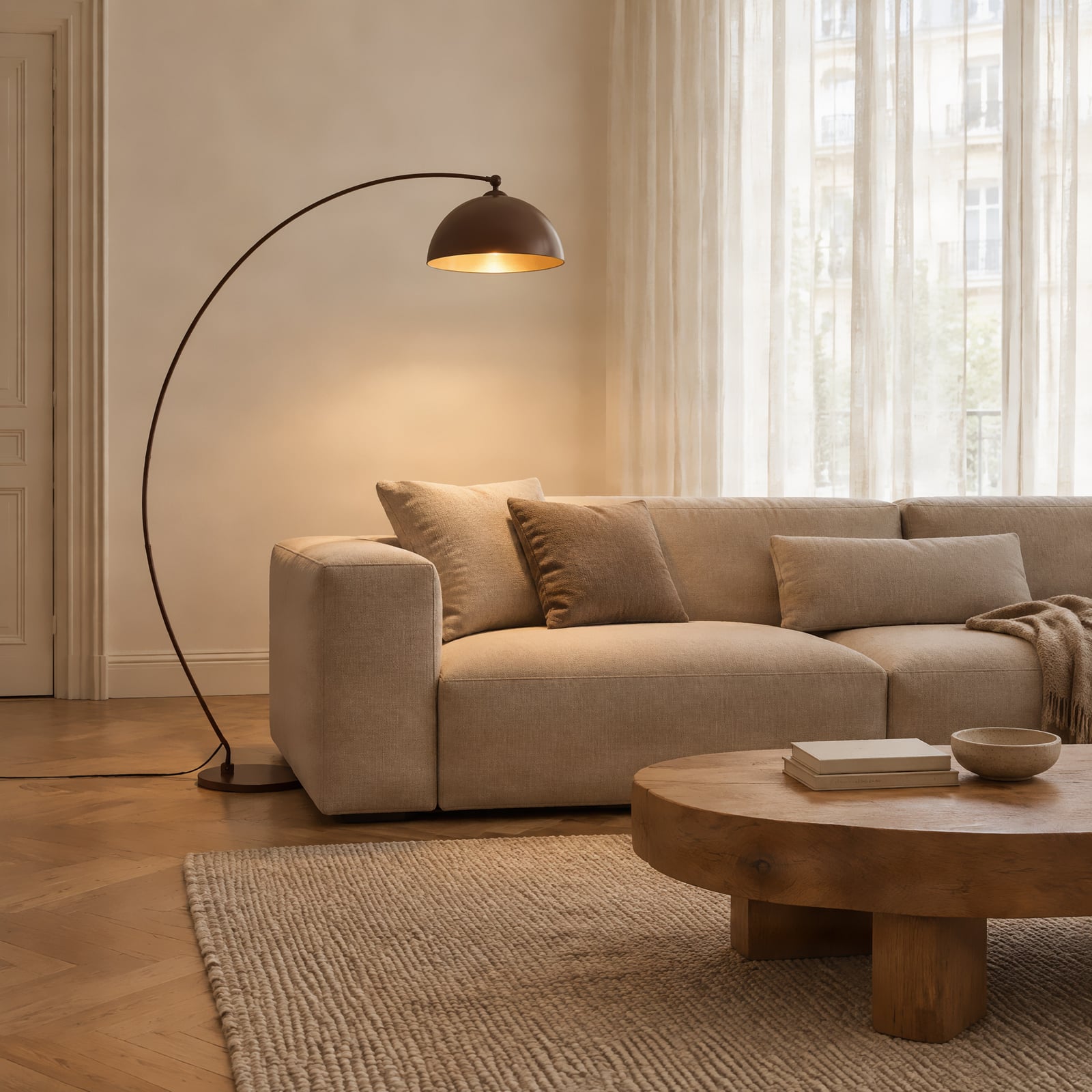 Lindby Jonera booglamp, bruin, 185 cm, metaal, E27