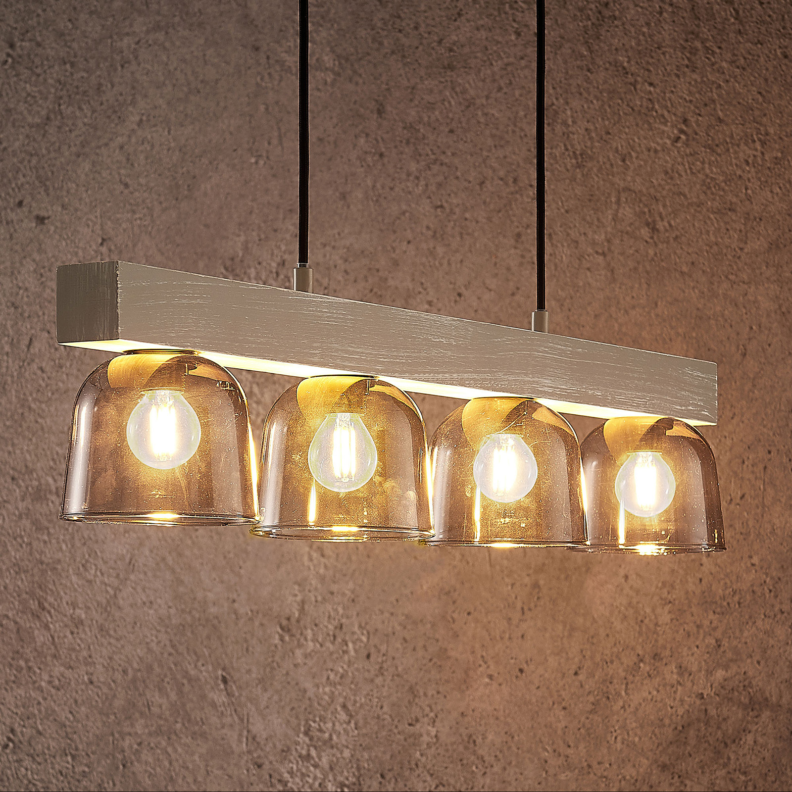 Lindby Watan pendant lamp, grey glass lampshades, for Living / Dining Room, glass, wood, metal, E14, 28 W, energy efficiency: A++, L: 75 cm, W: 12 cm