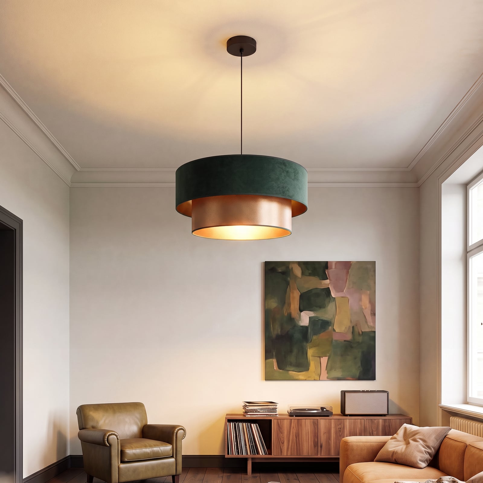 Lampada a sospensione Dorina, verde/oro, Ø 45 cm, tessuto, E27 - Duolla
