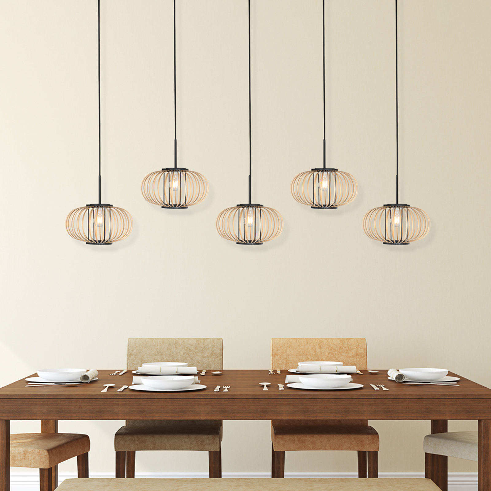 Silva-riippuvalaisin, 5-lamppuinen, pitkä, musta, bambutangot