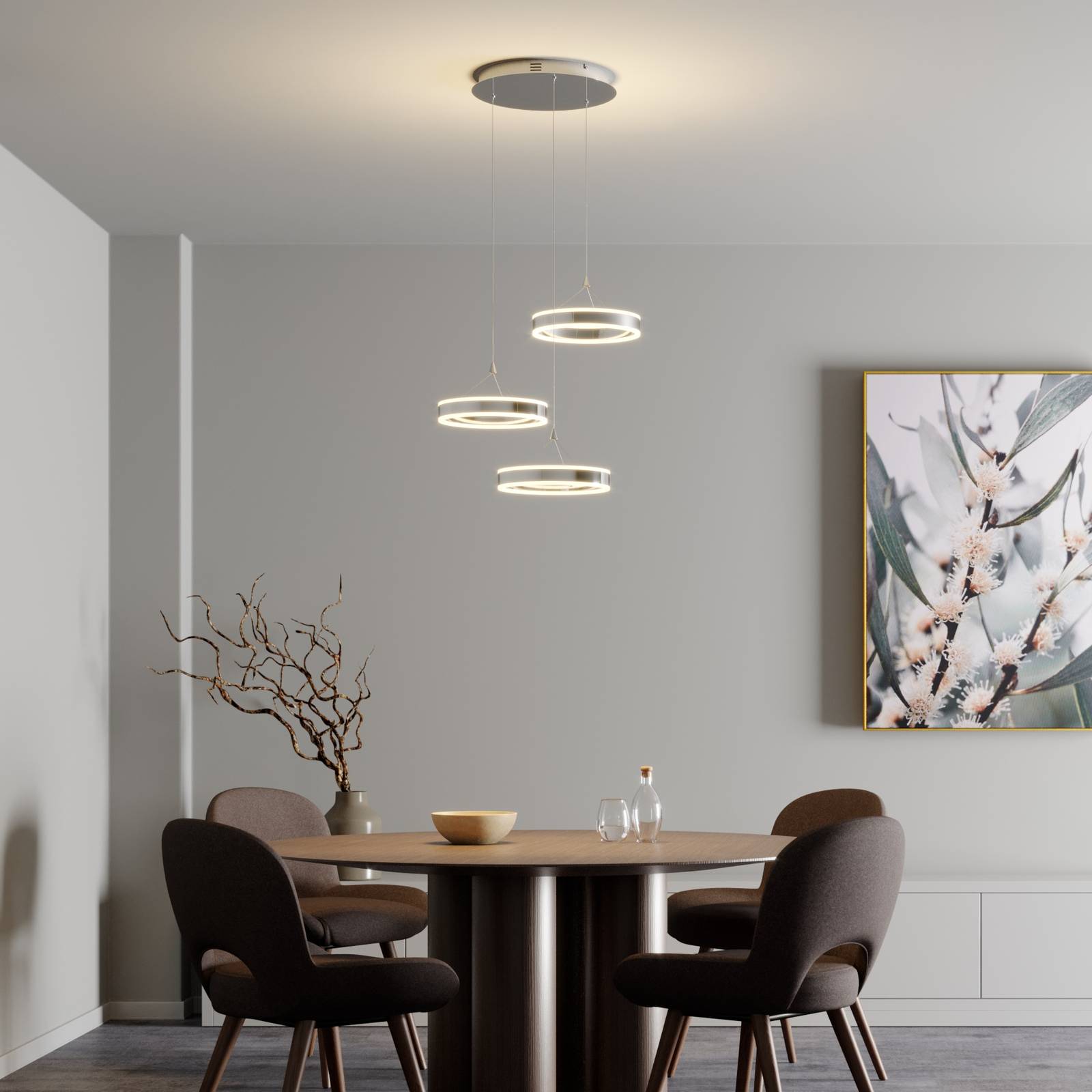 Lucande Lyani LED pendant lamp, 3 rings, different heights, for Living / Dining Room, metal, acrylic, 9.5 W, energy efficiency: A+