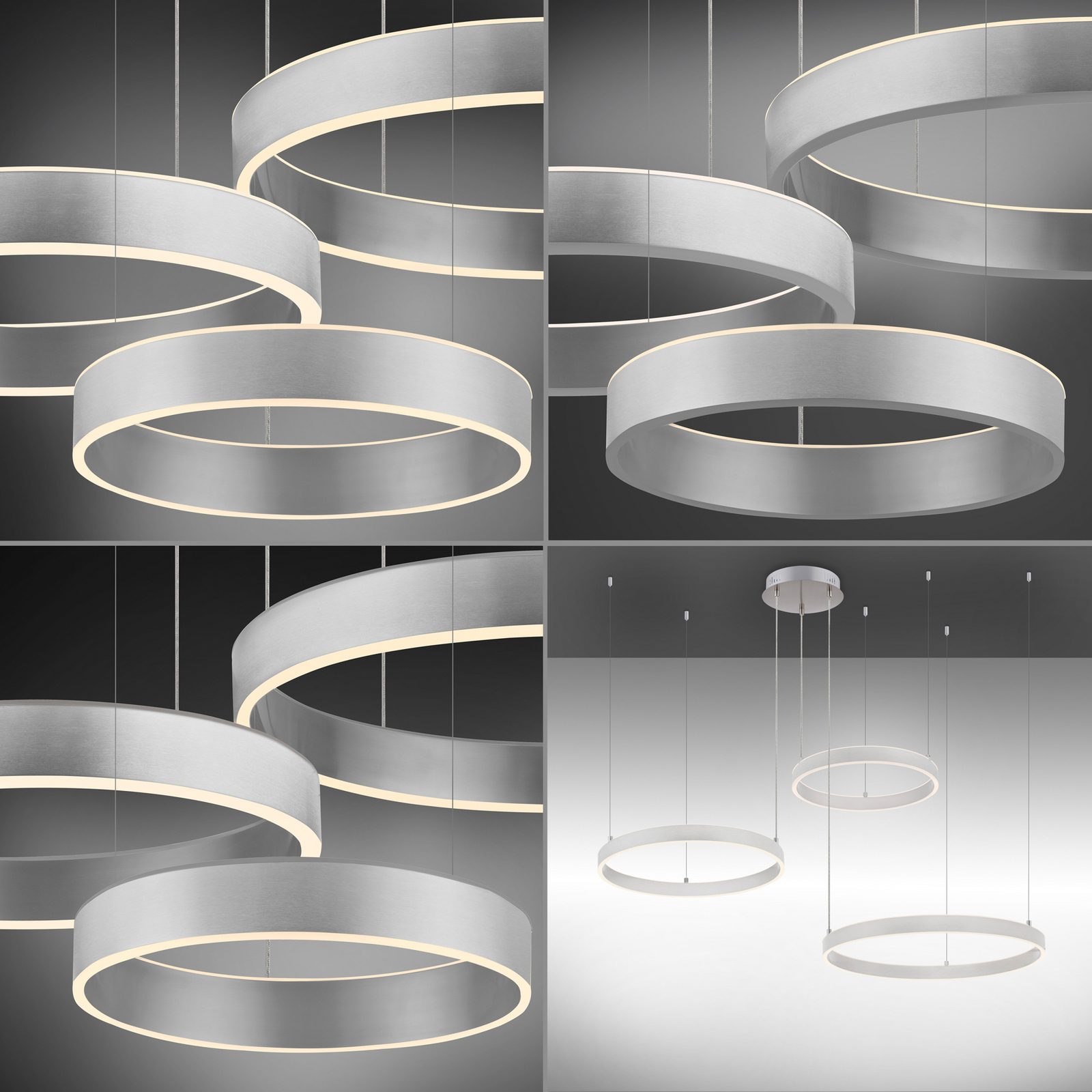 Żyrandol LED Lilluti, srebrna, żelazo, aluminium, 3 pierścienie Żyrandol LED Lilluti, srebrna, żelazo, aluminium, 3 pierścienie