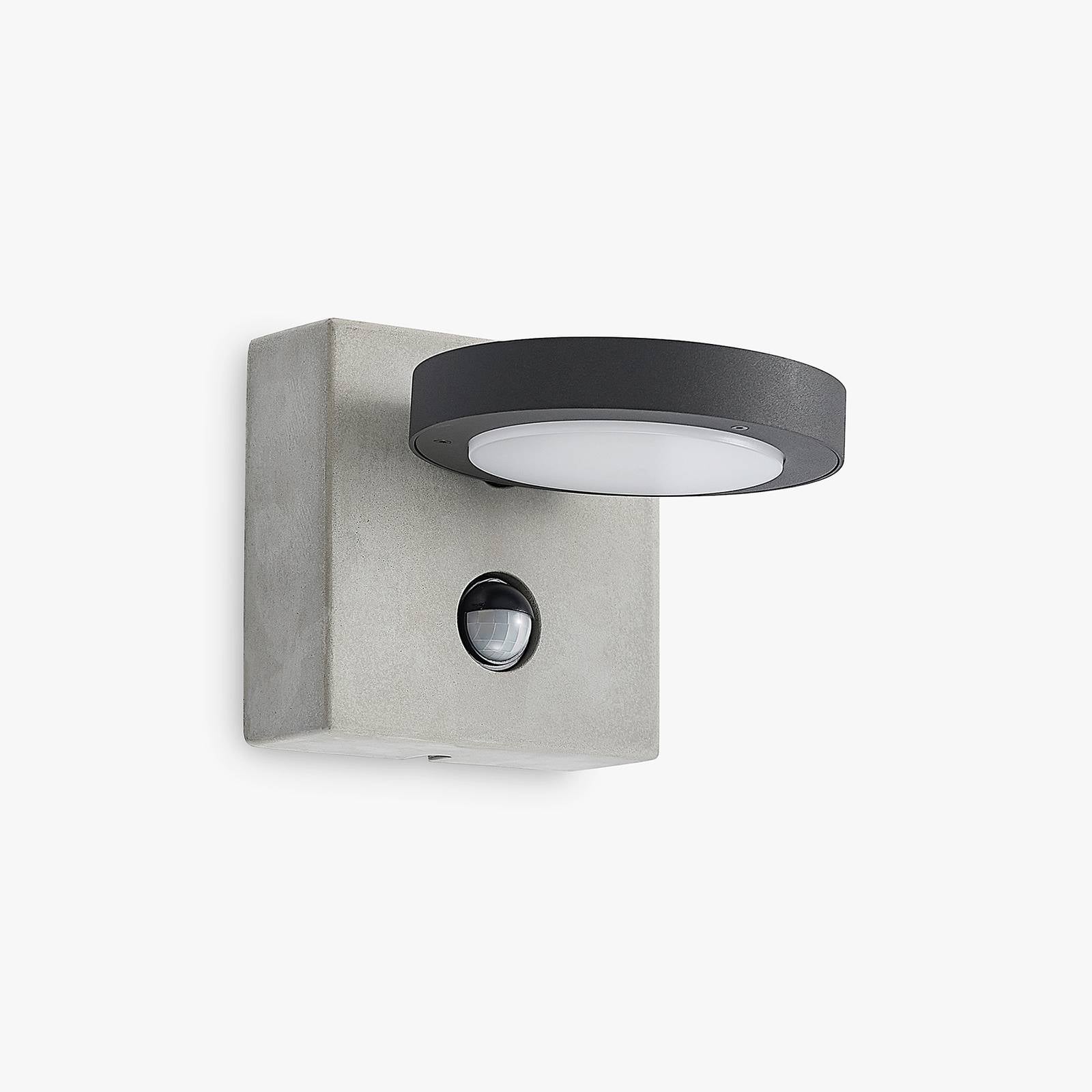 Lucande Belna LED wall lamp, concrete, sensor, aluminium, polycarbonate, concrete, 9 W, W: 14.3 cm, H: 14.3 cm