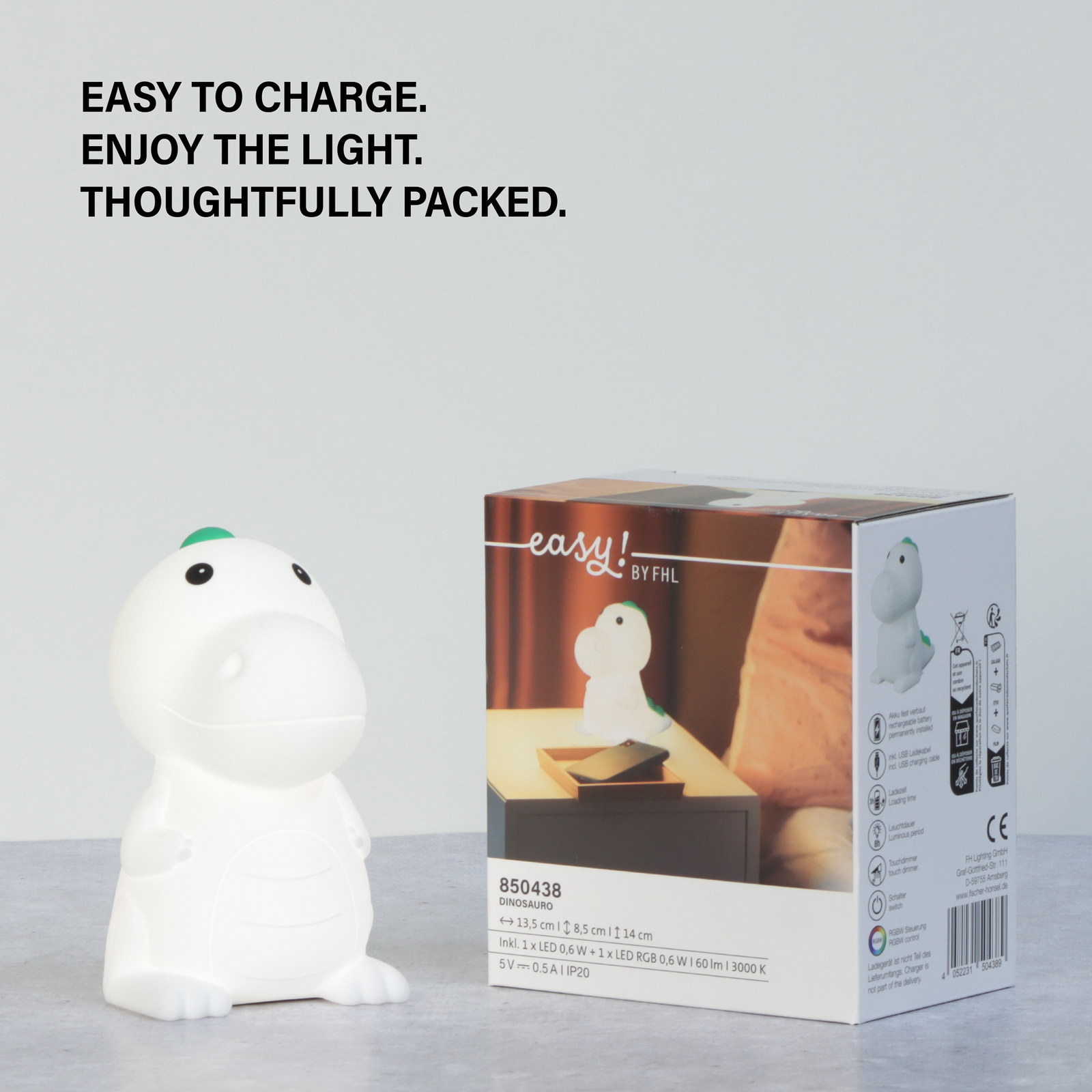 Lampe de chevet LED à accu Dinosauro, Dino, blanc, RVB, intensité variable