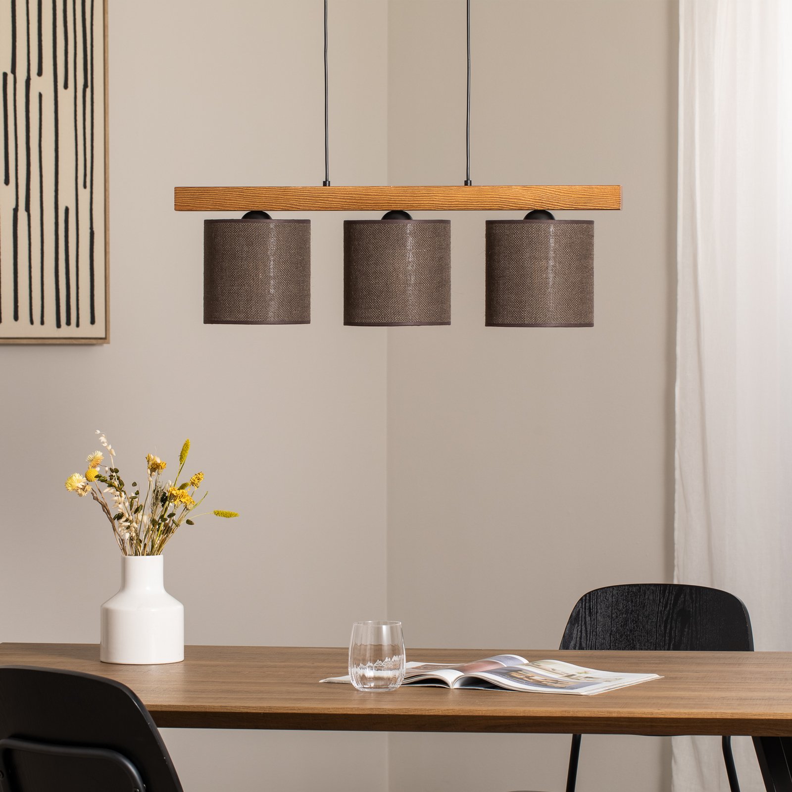 Candeeiro suspenso Forest, madeira clara/preta, juta castanha, 3 lâmpadas.