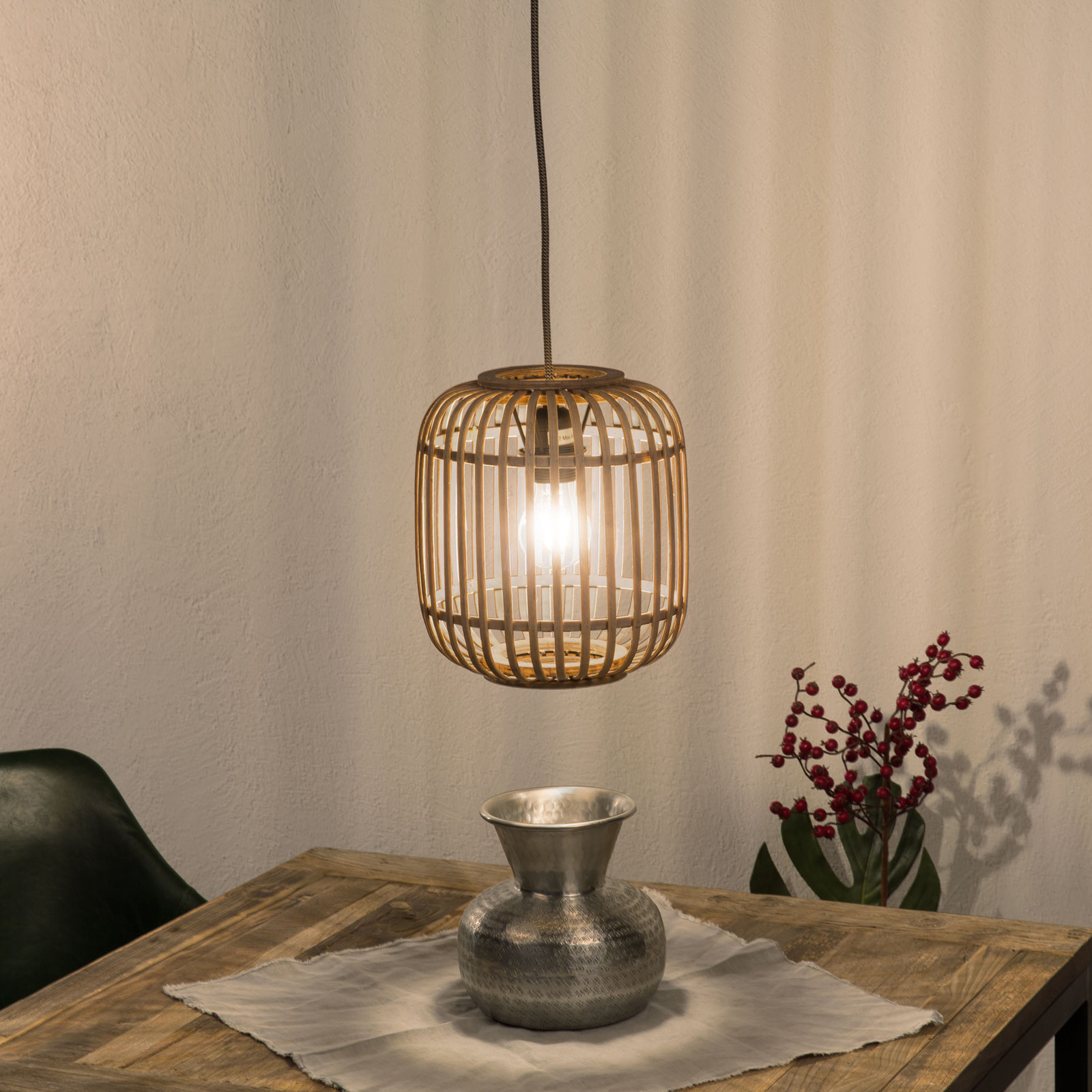 Lámpara colgante Malacca pantalla de madera, 1 luz