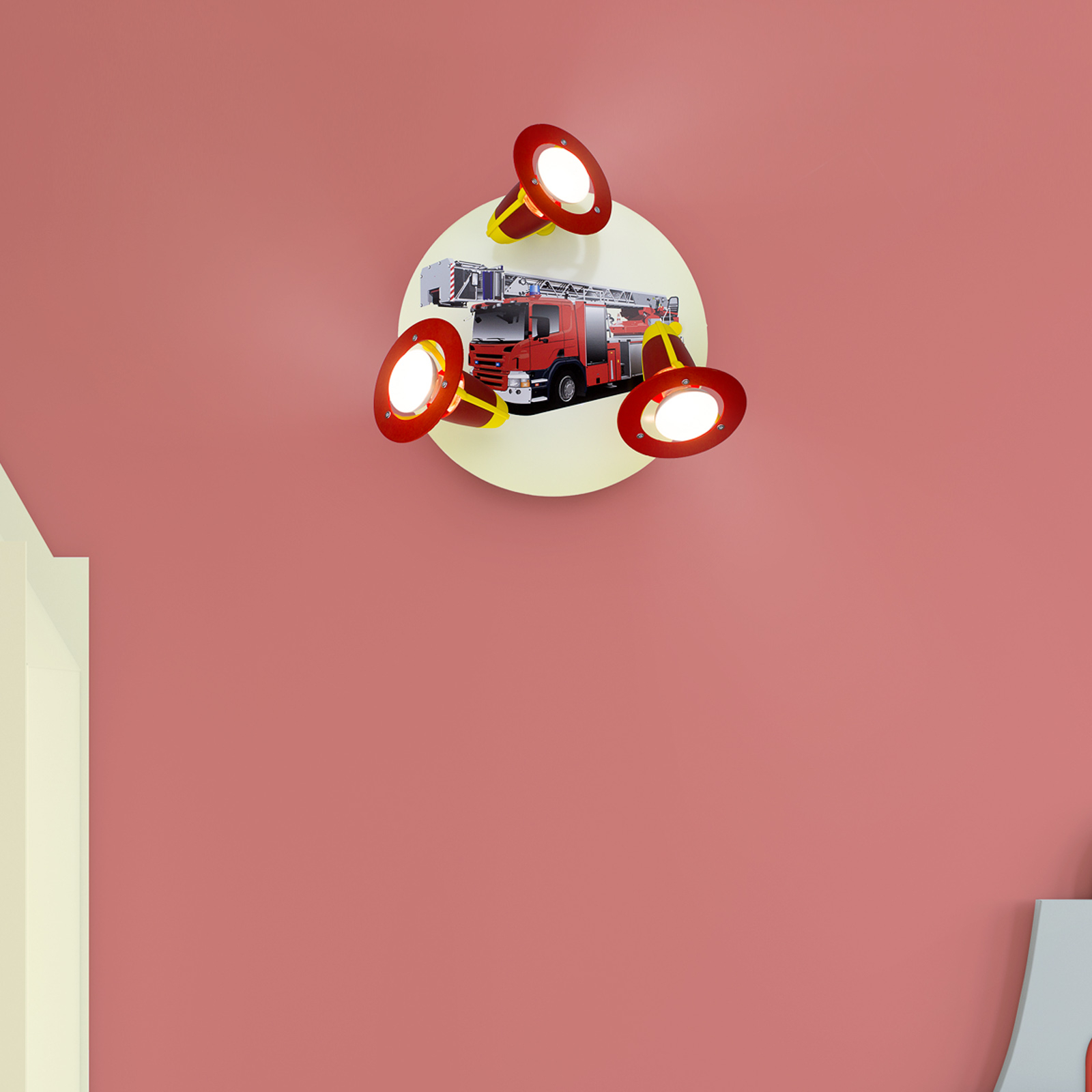 Carro de bombeiros com luz de parede, vermelho-amarelo, três lâmpadas