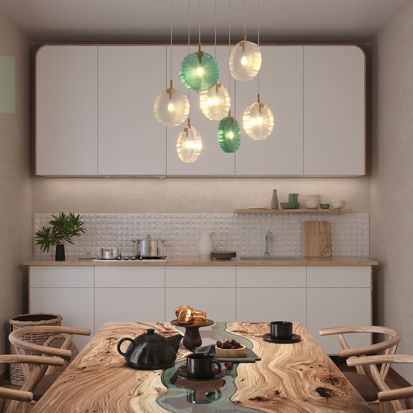 Maytoni Frozen pendant light, 7-bulb, coloured / brass, glass