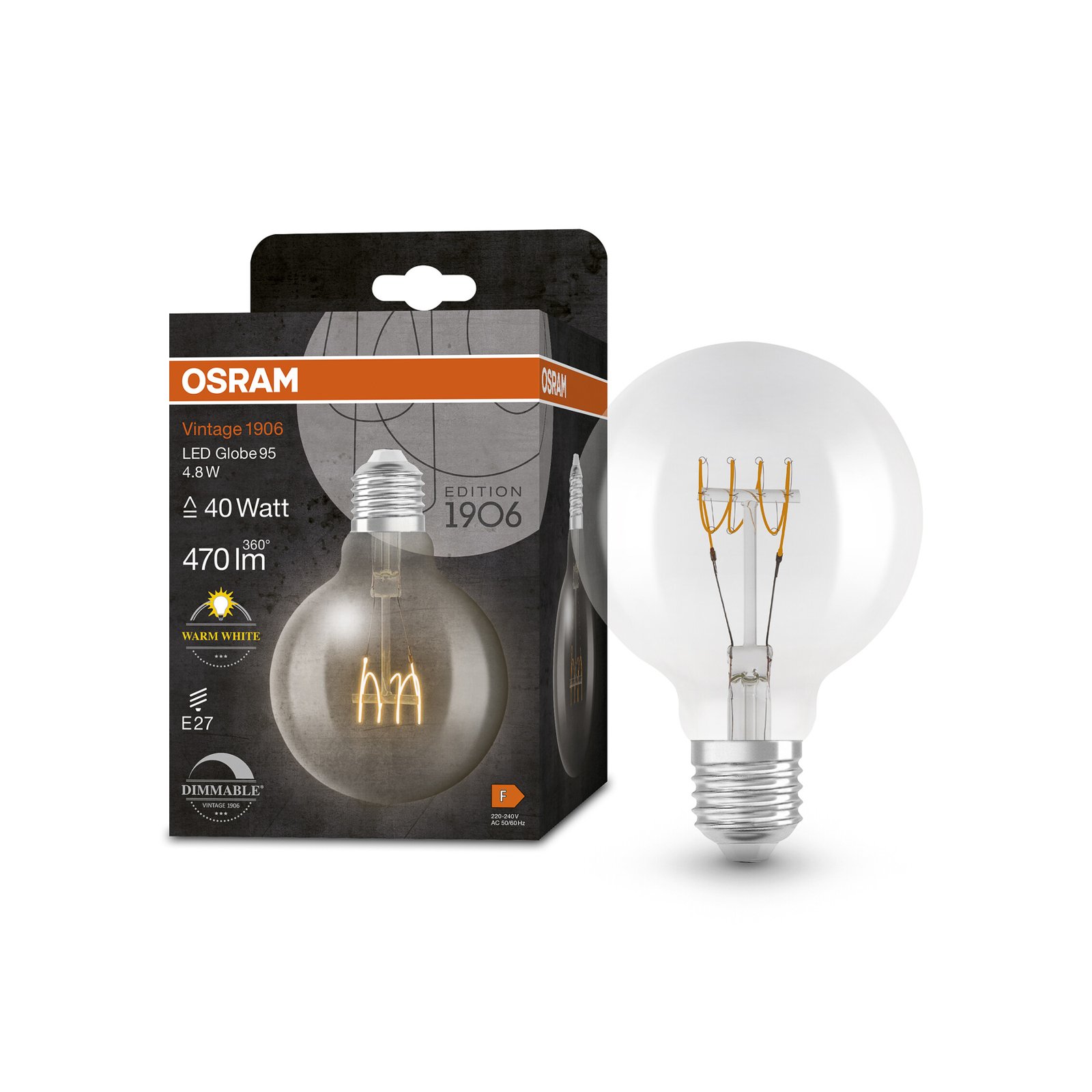 OSRAM globe LED bulb E27 G95 4.8W 2,700K filament