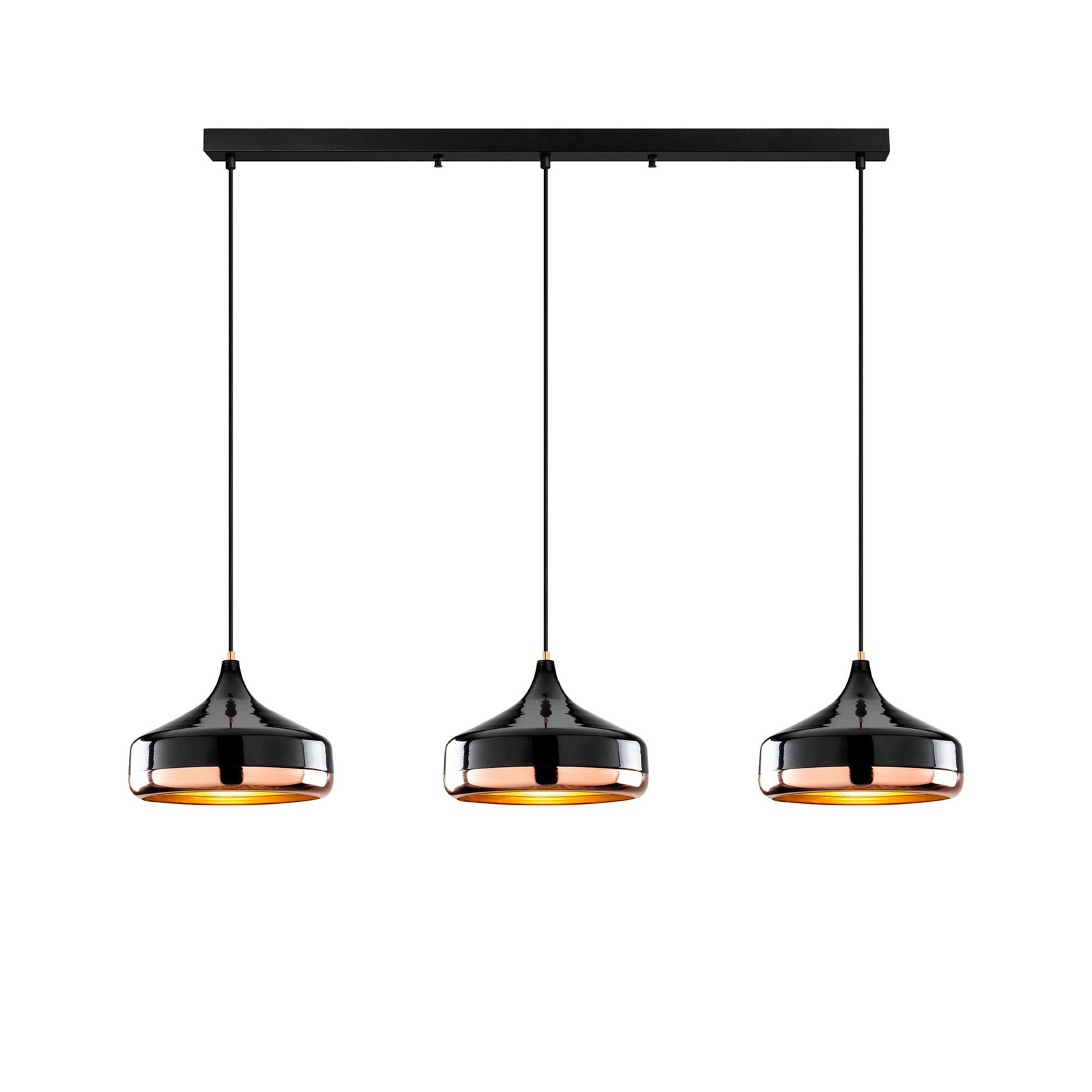 Yildo pendant light, length 146 cm, black/copper, 3-bulb