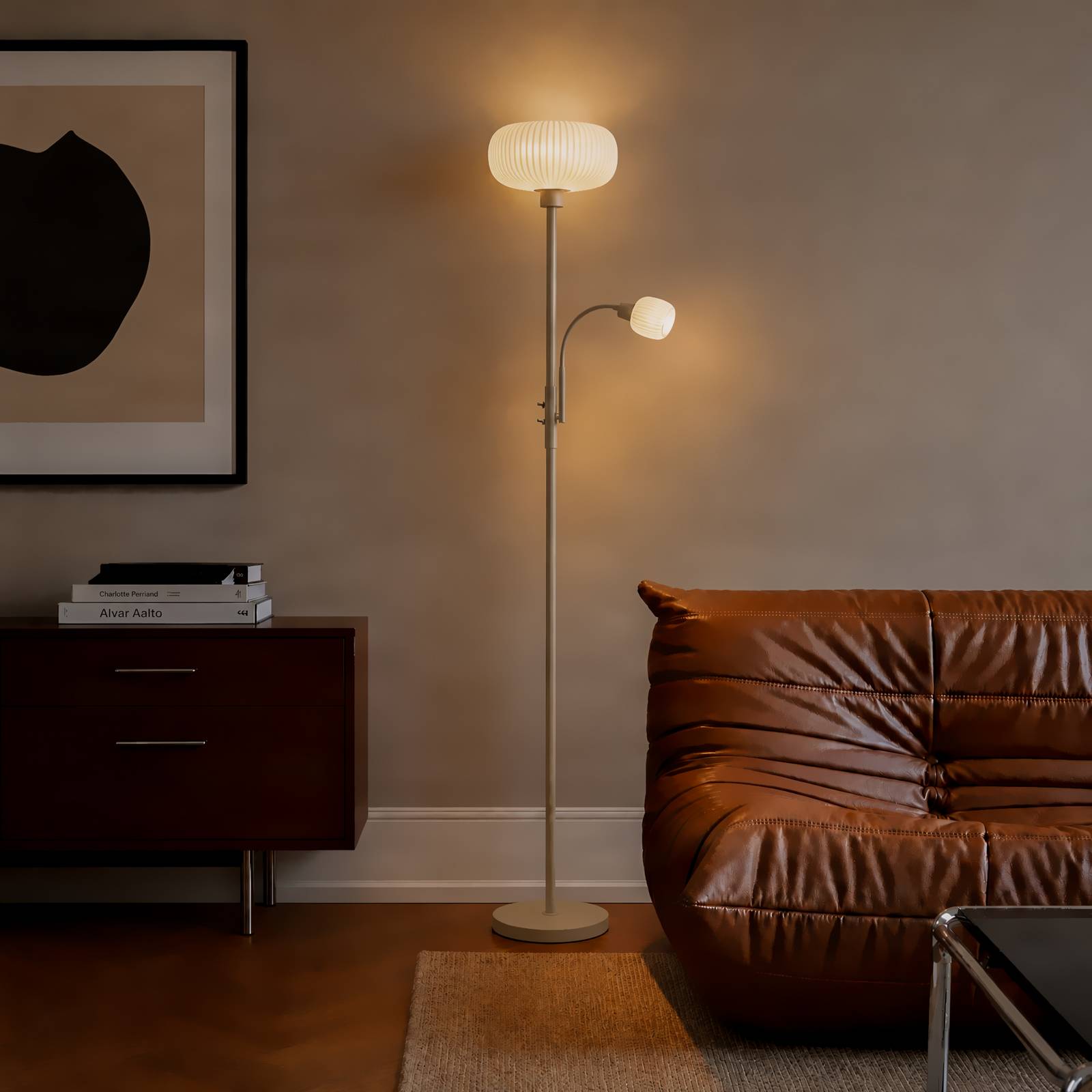 Lampa stojąca Lindby Ingrid, beżowo-biała, 175 cm, lampka do czytania