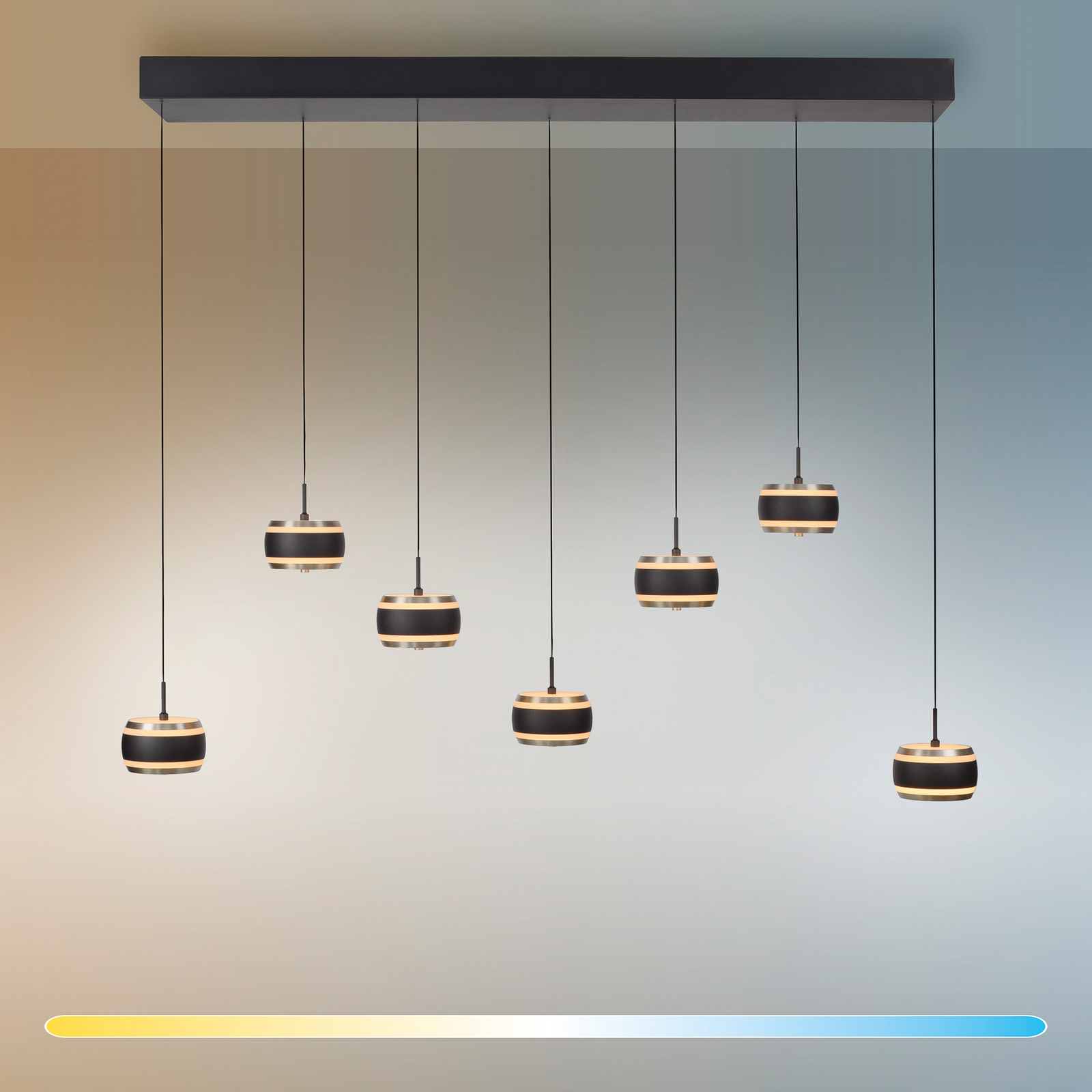 PURE LED-Hängelampe Falling Rings schwarz Länge 132 cm 7-fl.