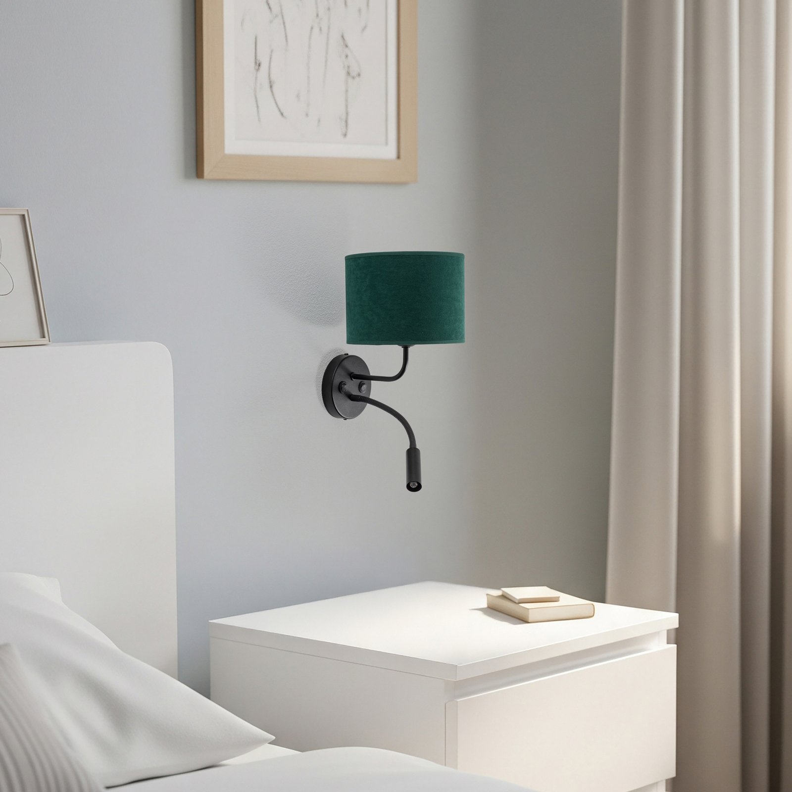 Væglampe Roller, fløjl mørkegrøn, sort, med læselampe