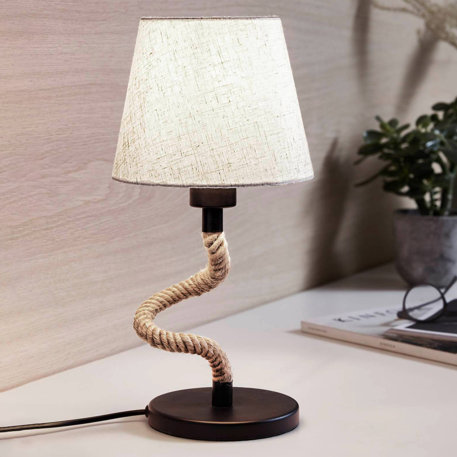 Lámpara de mesa Rampside, cuerda y pantalla textil