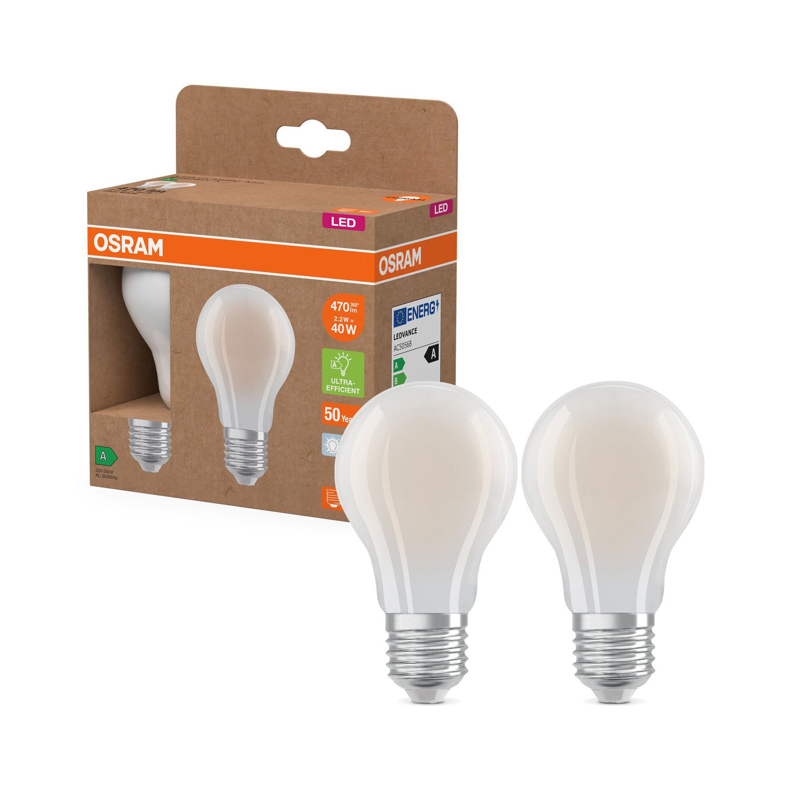 OSRAM żarówka LED E27 2,2W mat 4000K 470lm 2 szt