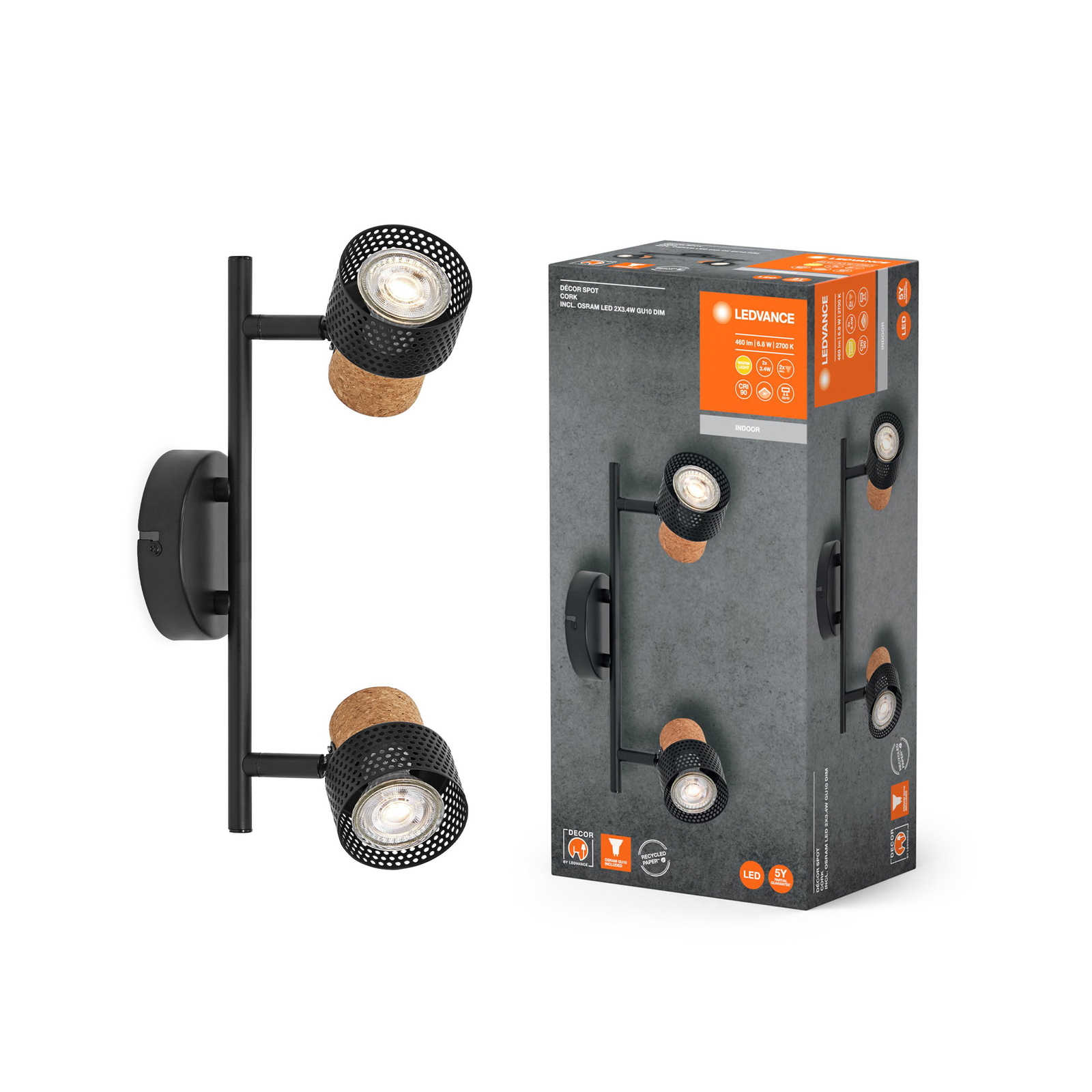 LEDVANCE LED griestu prožektors Cork, GU10, 2 gaismas, dimmējams, melns