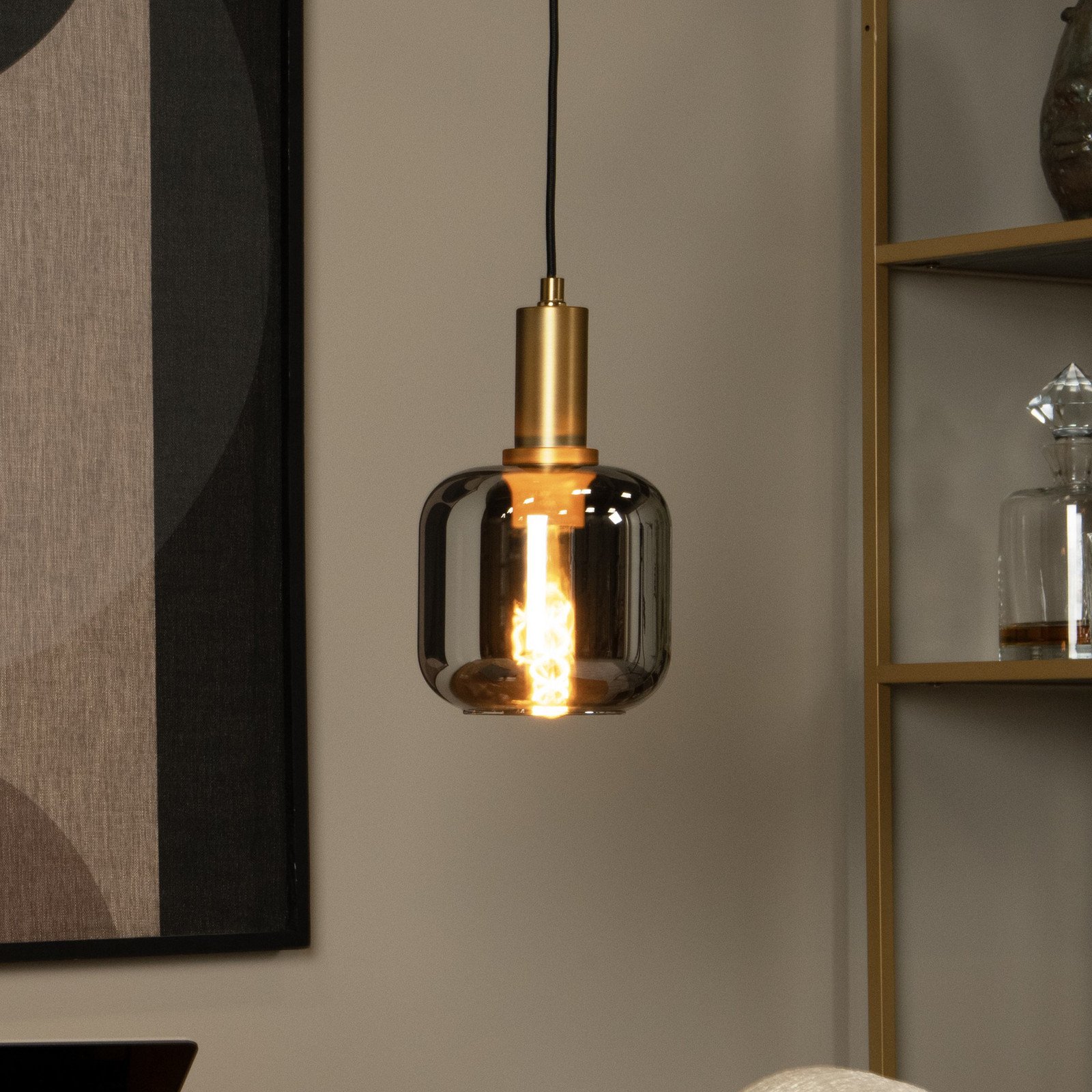 Lucide Lampă suspendată Joanet Ø 16 cm 1 bec sticlă negru - Camera de zi / sufragerie - negru gri fumuriu auriu