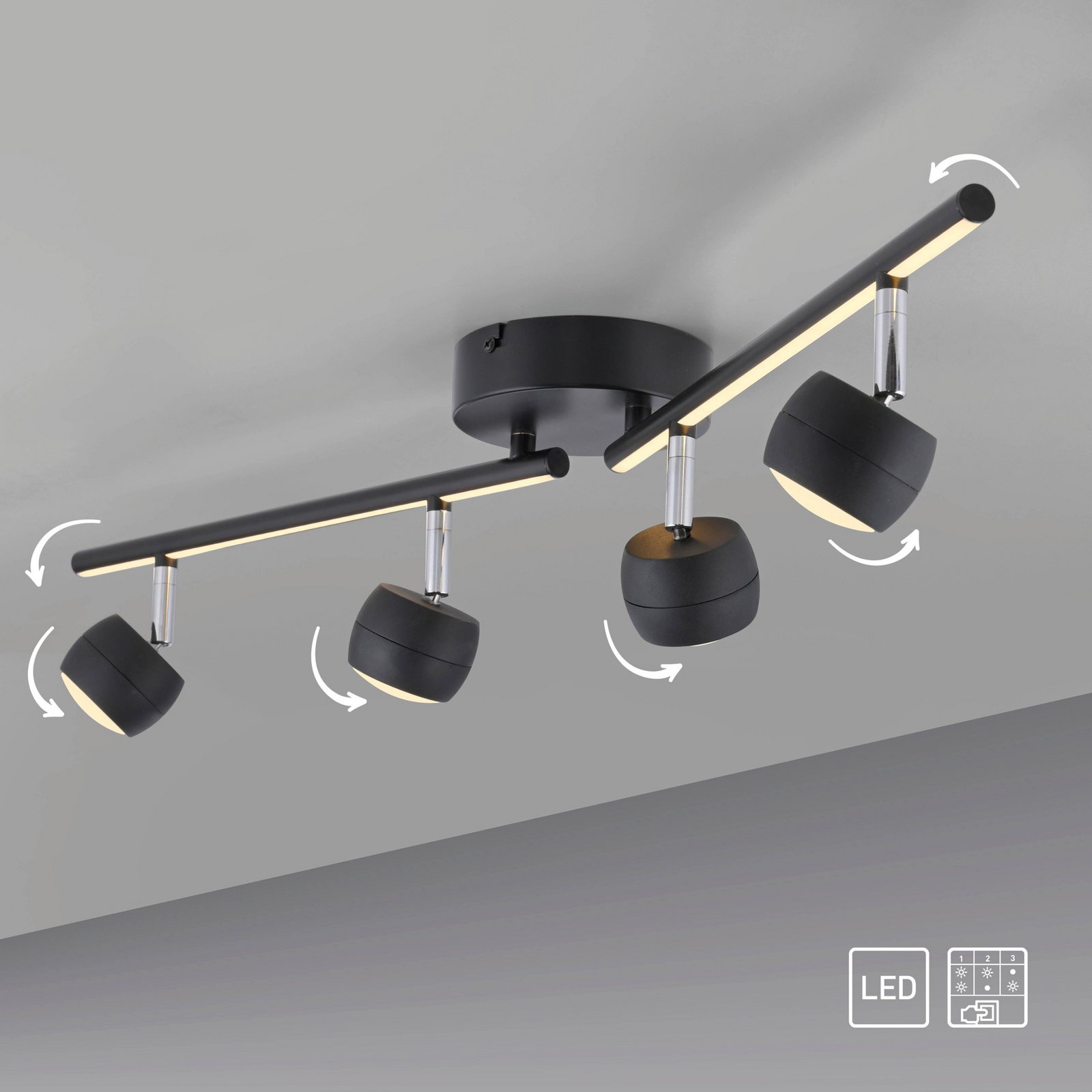 JUST LIGHT. LED-kattospotti Jarik, 4-lamppuinen, musta, 3 000 K
