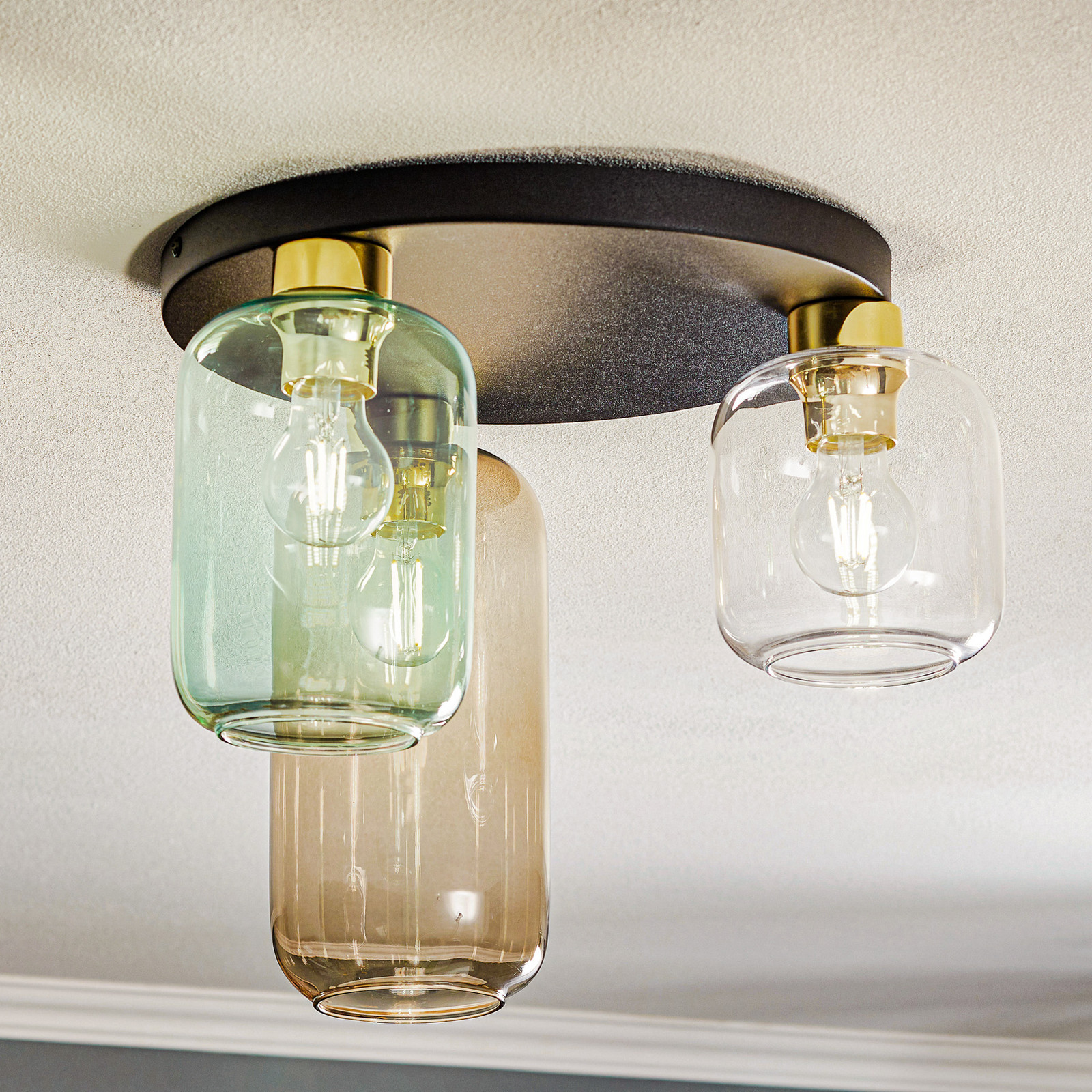 TK Lighting Plafonieră Marco Green 3 becuri transparent/verde/maro - Camera de zi / sufragerie - Modern - negru auriu transparent verde maro - Sticlă
