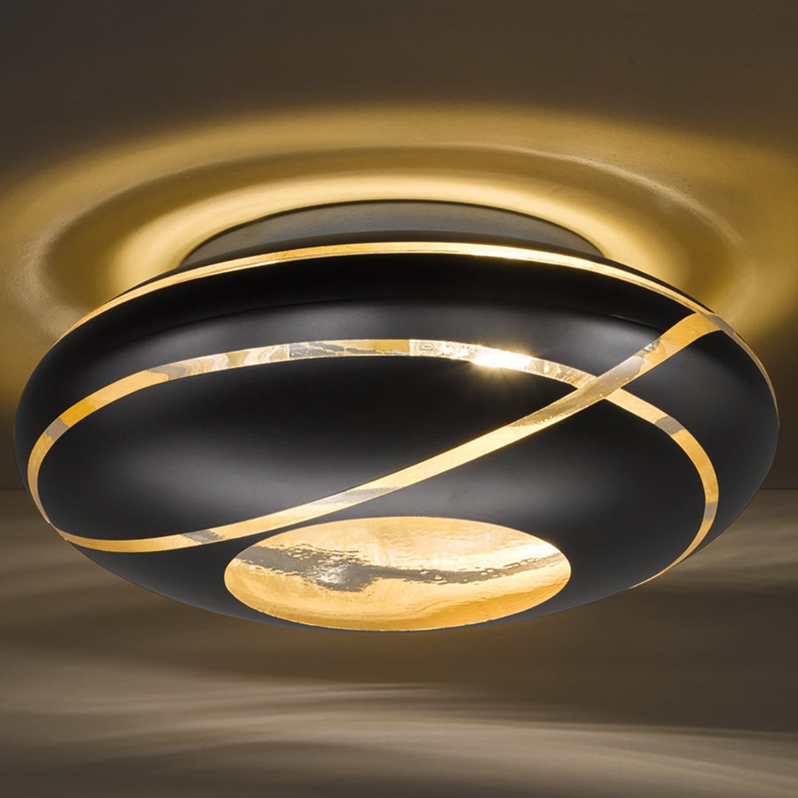 Trio Lighting Farona glass ceiling lamp in matt black and gold, for Living / Dining Room, glass, E27, 60 W, energy efficiency: A++, H: 20 cm