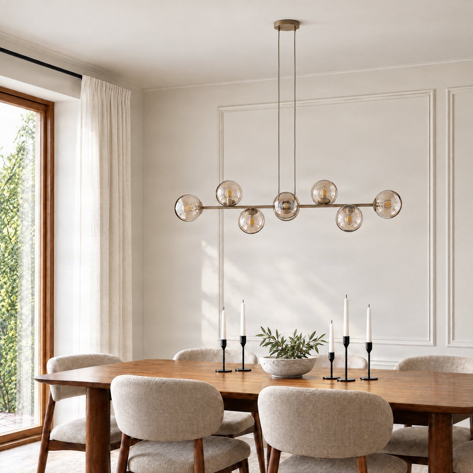 Lampada a sospensione Rossi, beige, lunghezza 130 cm, a 8 luci, vetro/metallo Lampada a sospensione Rossi, beige, lunghezza 130 cm, a 8 luci, vetro/metallo