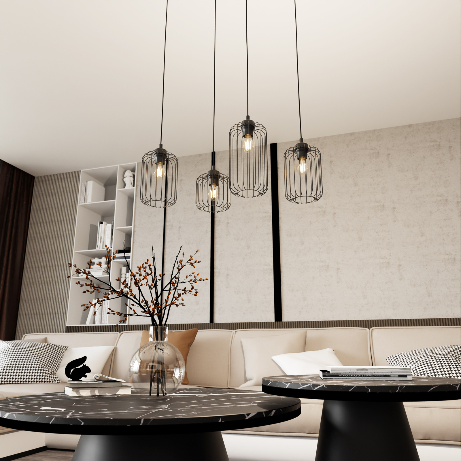 Suspension Vander, 4 lampes, 70 cm, noir, métal, E27