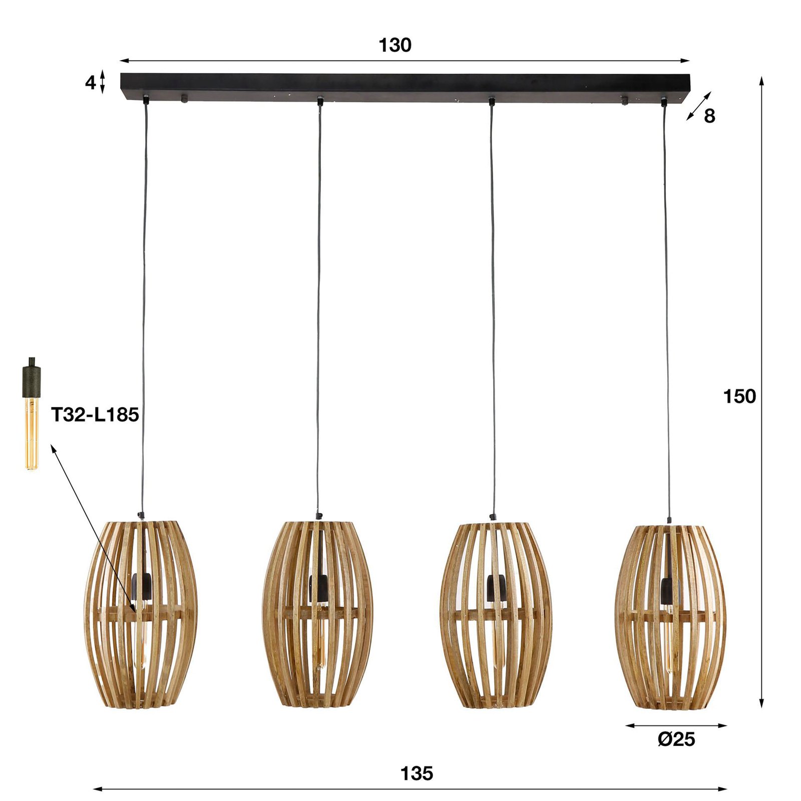 Hängeleuchte Orbit, Mangoholz natürlich, Länge 135 cm 4-flg.