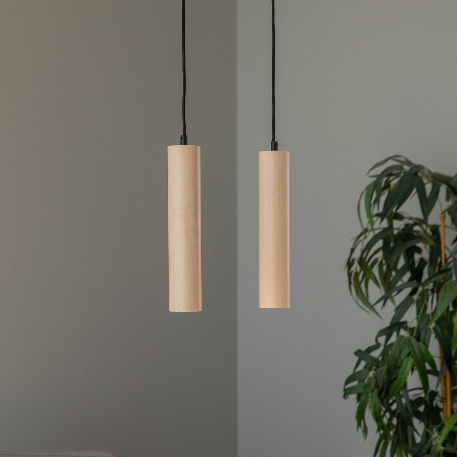 Lámpara colgante Tube de madera, 2 luces