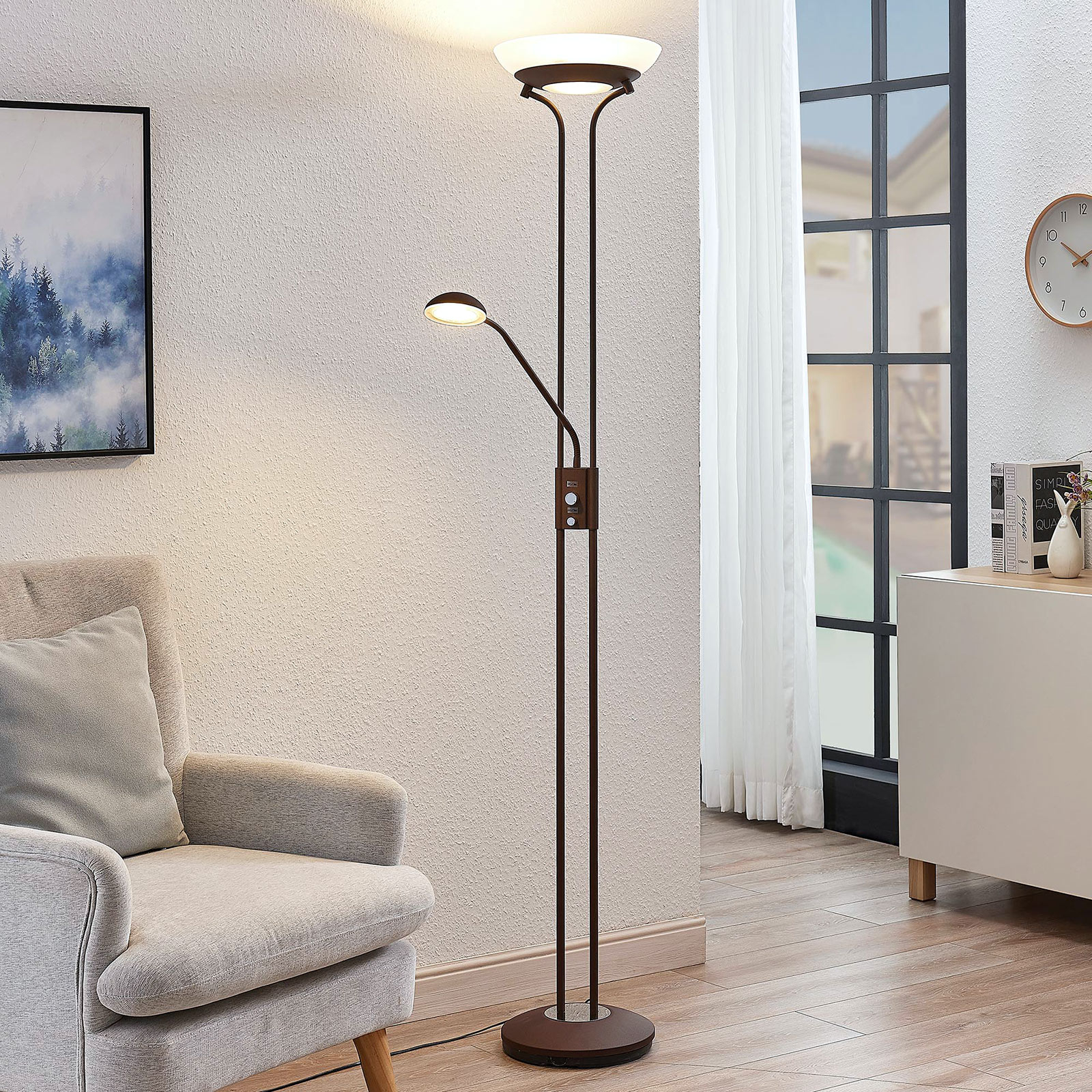 Lindby Dimitra LED uplighter, reading lamp, rust-coloured, for Living / Dining Room, iron, glass, polycarbonate, 25 W, energy efficiency: A+, H: 180 cm