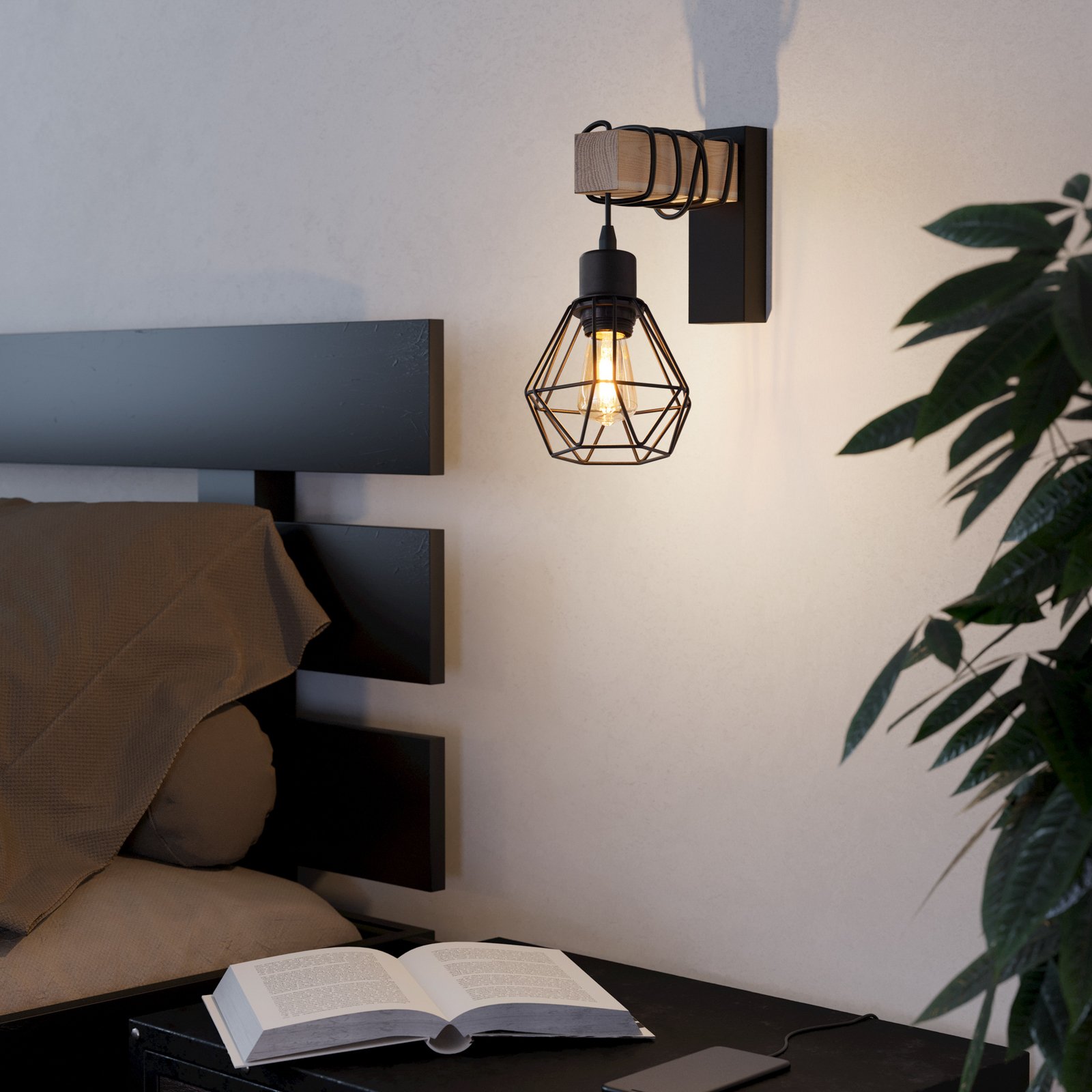 Applique murale Townshend, largeur 14 cm, noir/chêne