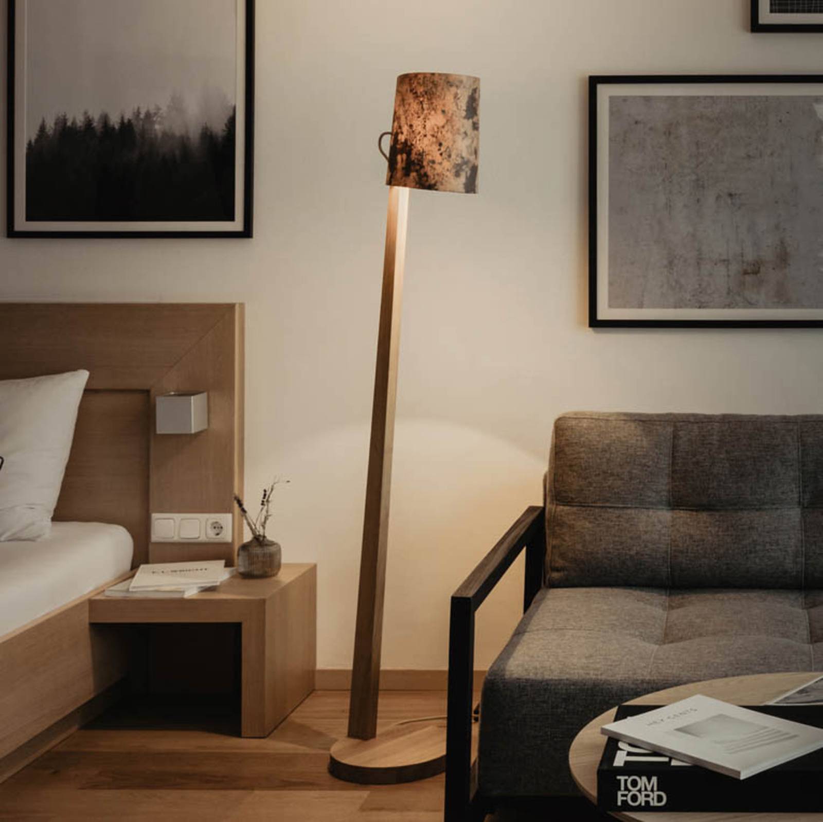 Almut von Wildheim ALMUT 1411 floor lamp cylindrical Ø 30 cm stone, for Living / Dining Room, oak wood, colourful slate, E27, 52 W, H: 167 cm