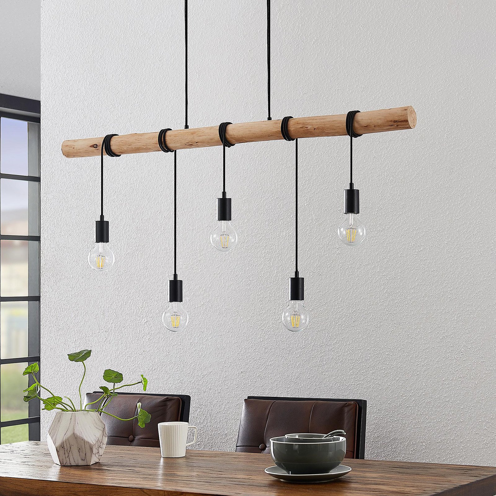 Lindby pendant light Rom, 5-bulb, wood, rope, black, E27