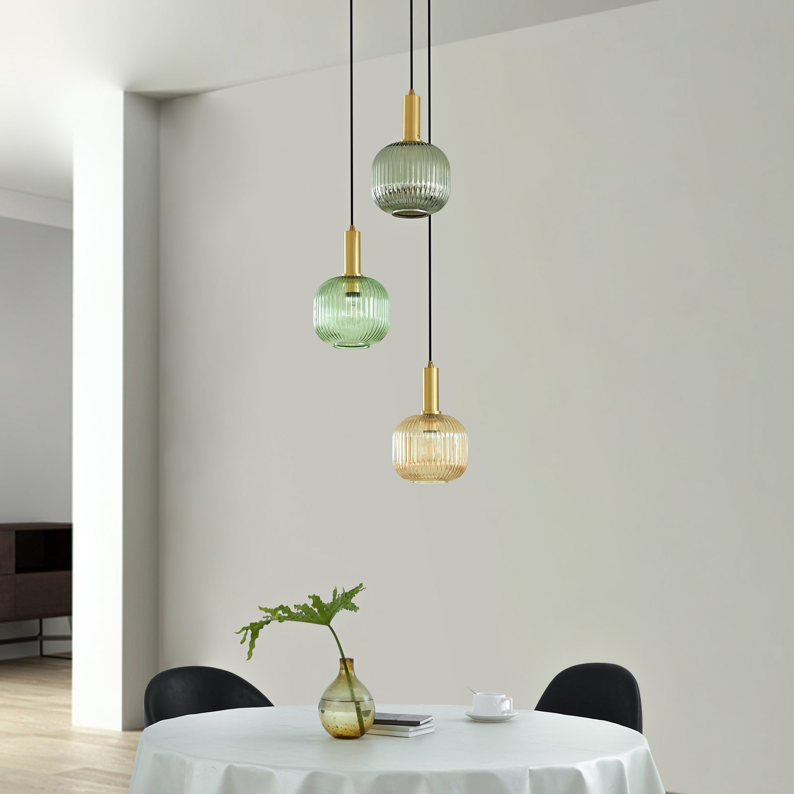 Lindby Doroteo lampada a sospensione, a 3 luci, verde/ambra/grigio, vetro