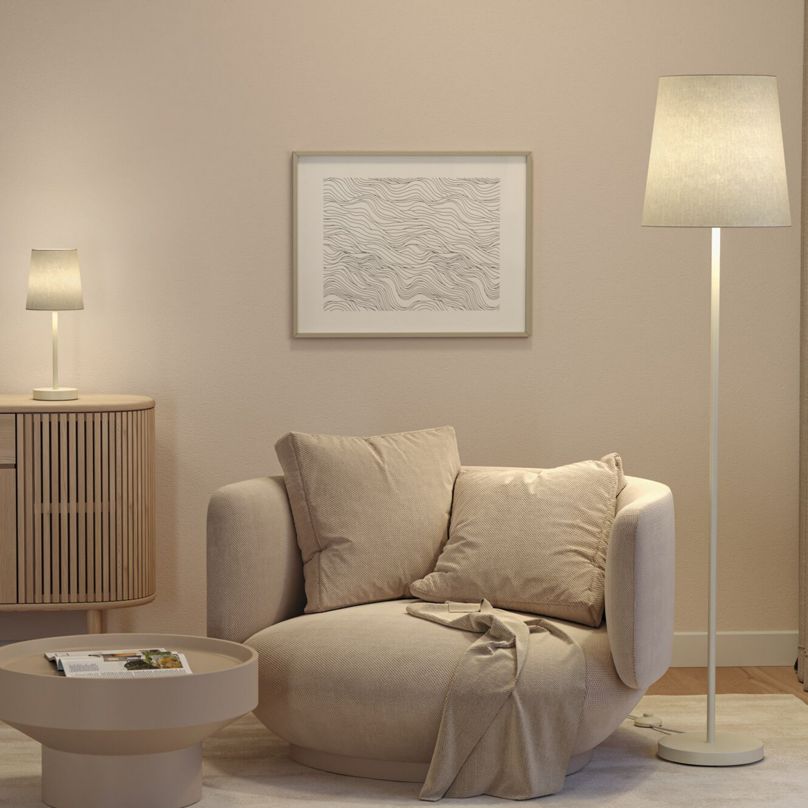 Paulmann Stellan II -pöytävalaisin, kermanvärinen, korkeus 40 cm, kangas