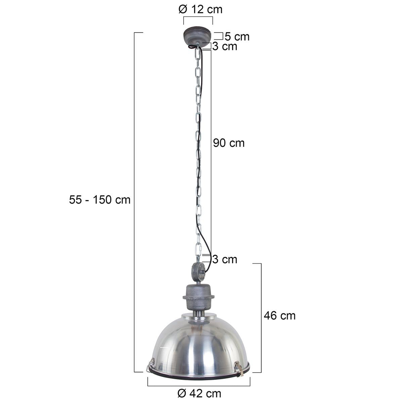 Bikkel hänglampa, Ø 42 cm, stålfärgad, metall, glas, E27