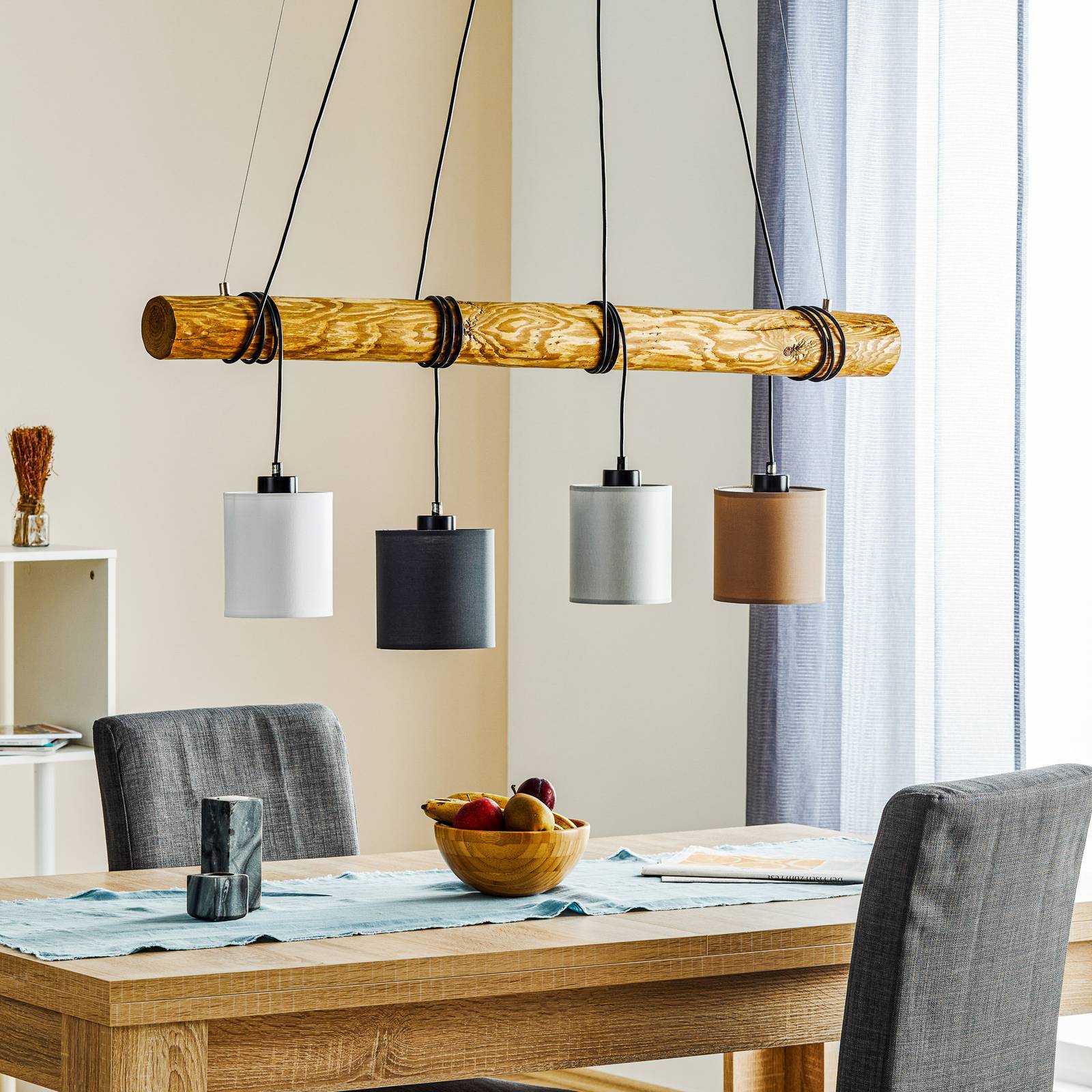 Sachiko függő lámpa, fagerendás, négy textilbúra