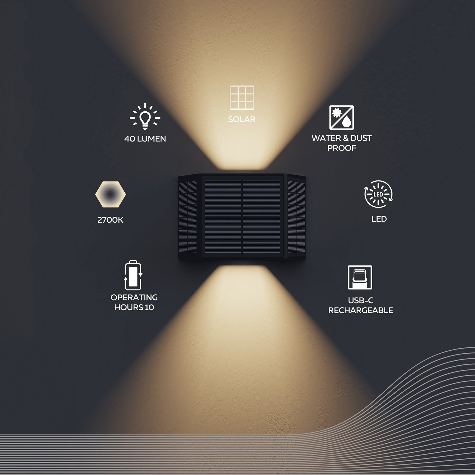 Calex Caserta solar LED outdoor wall light, up/down, black